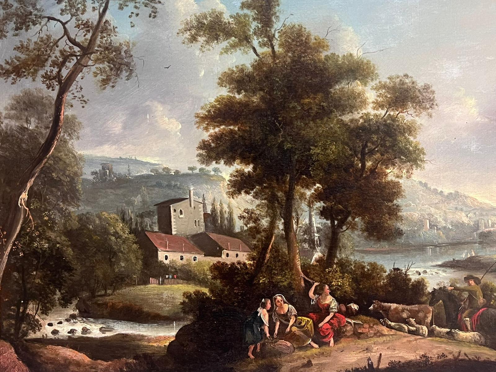 Romantico paesaggio ad olio italiano del XVIII secolo Figure e animali in un paesaggio aperto - Figurative Painting Marrone di Italian 18th Century