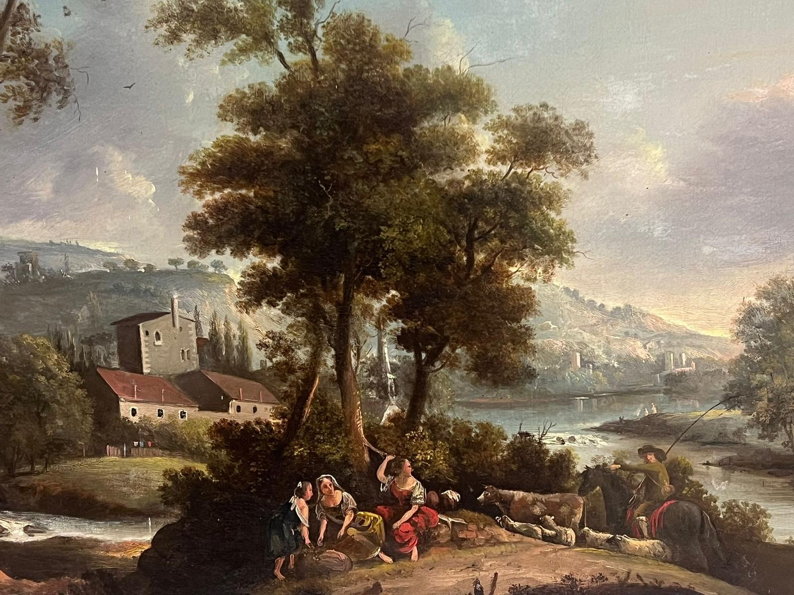 Romantico paesaggio ad olio italiano del XVIII secolo Figure e animali in un paesaggio aperto 1