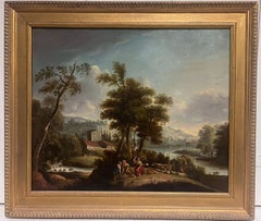 Huile romantique italienne du 18e siècle Figures et animaux dans un paysage ouvert