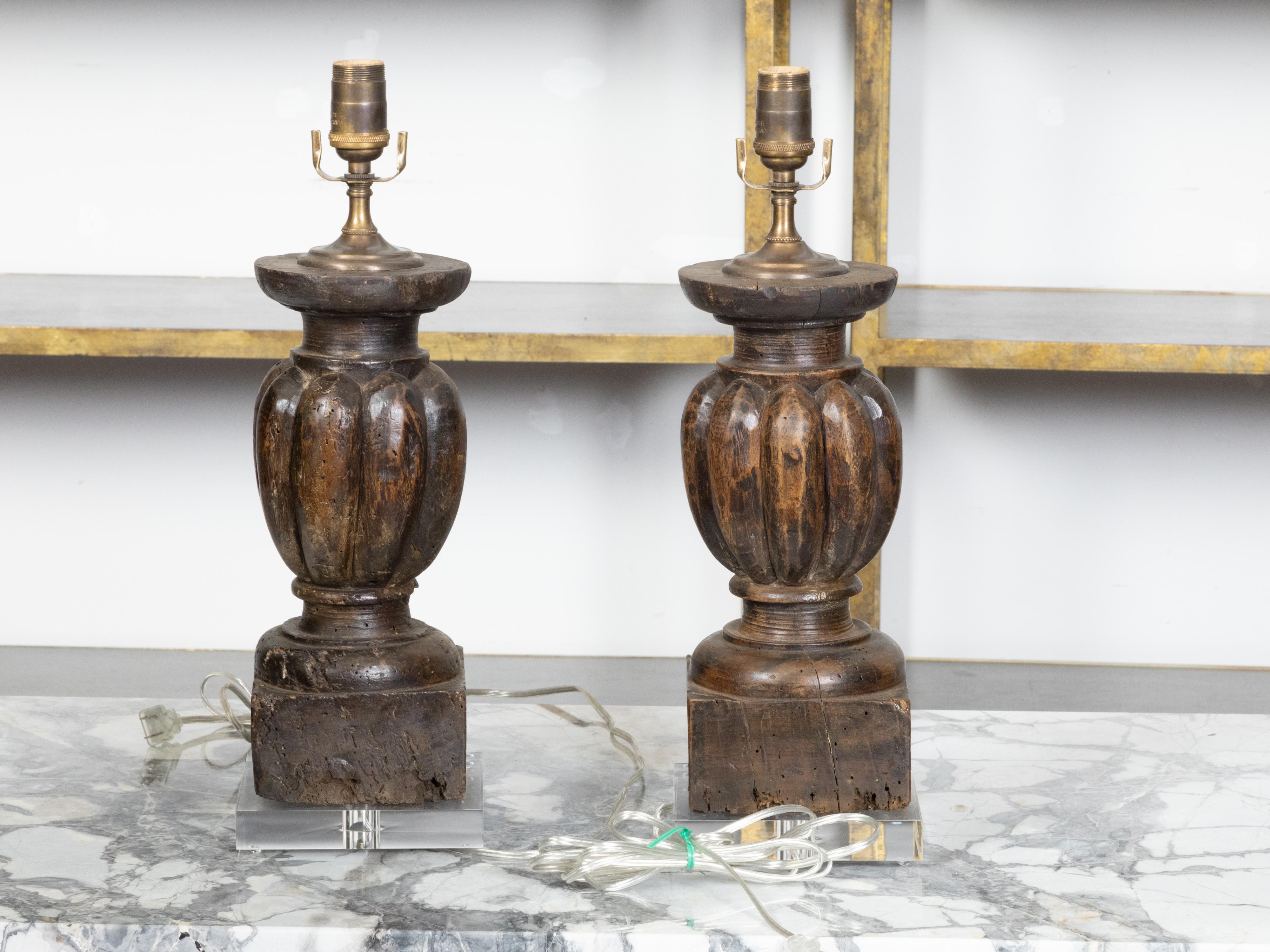Italian 18th Century Pair of Baluster Fragments Made into Wired Lamps on Lucite In Good Condition For Sale In Atlanta, GA