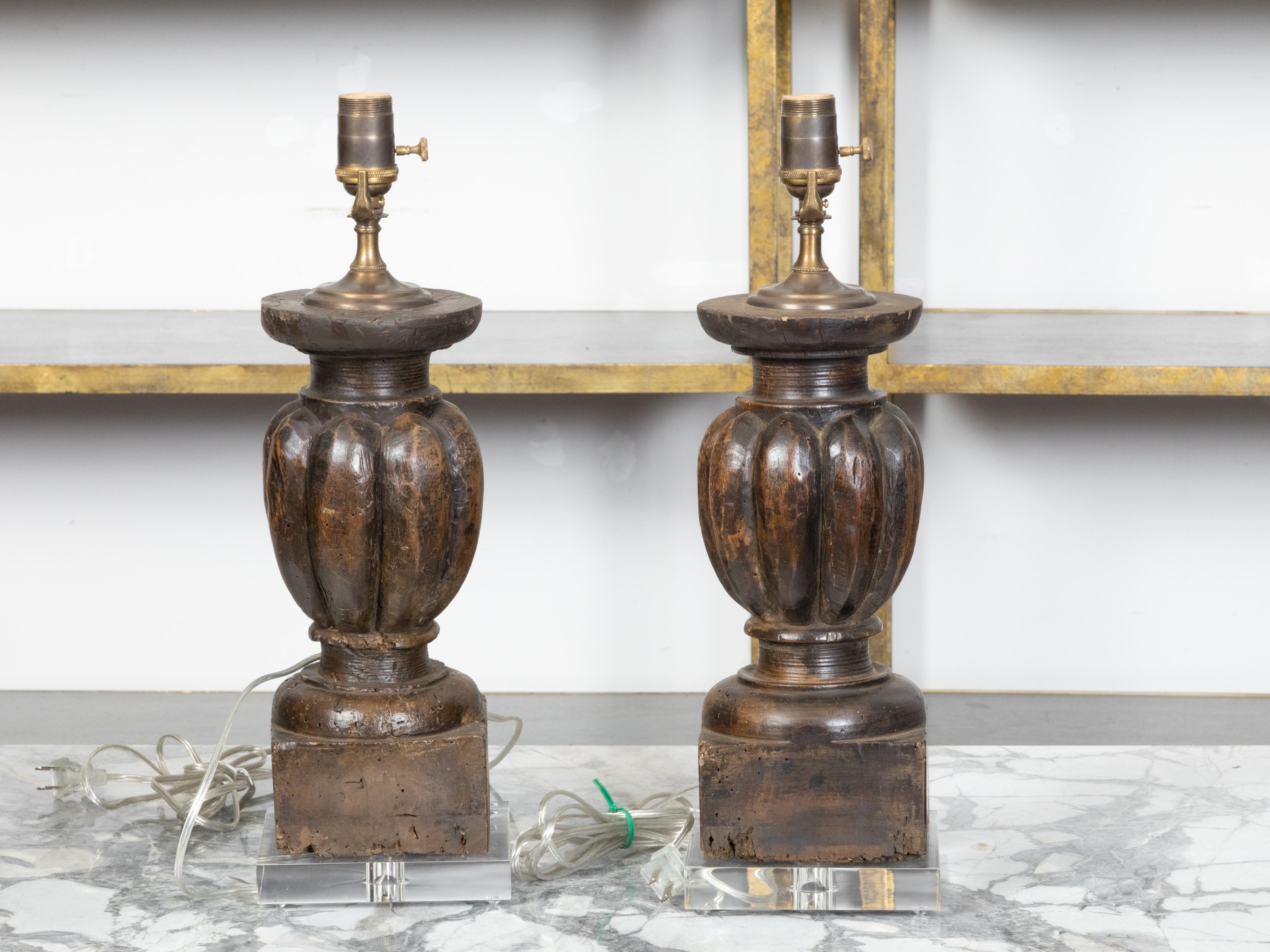 18th Century and Earlier Italian 18th Century Pair of Baluster Fragments Made into Wired Lamps on Lucite For Sale