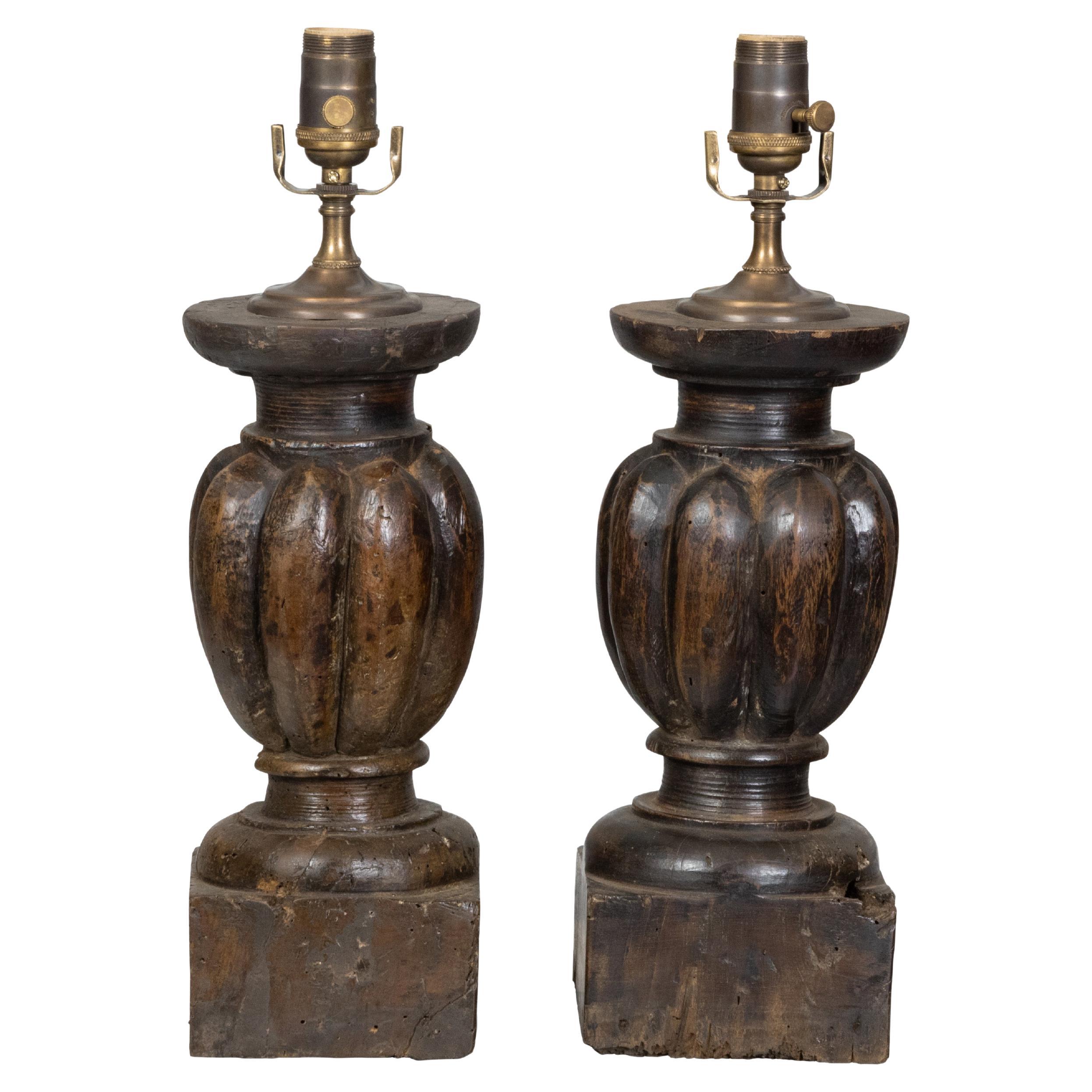 Italian 18th Century Pair of Baluster Fragments Made into Wired Lamps on Lucite For Sale