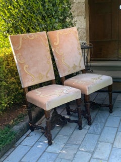 Italian Pair of Side "Parata" Chairs, Wood + Decorated Pink Velvet