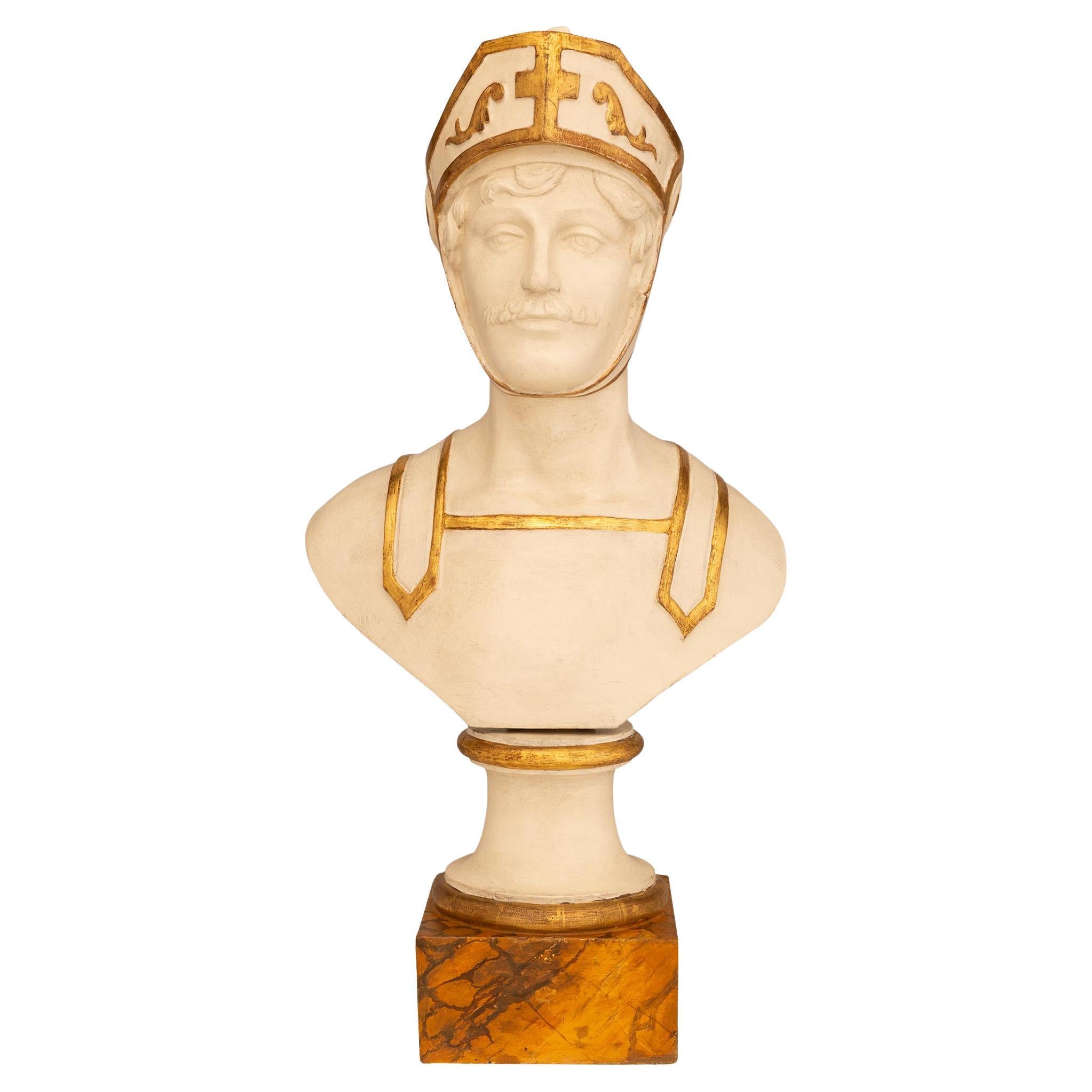 Italian 18th century patinated Wood, Giltwood, and Faux Painted marble bust For Sale