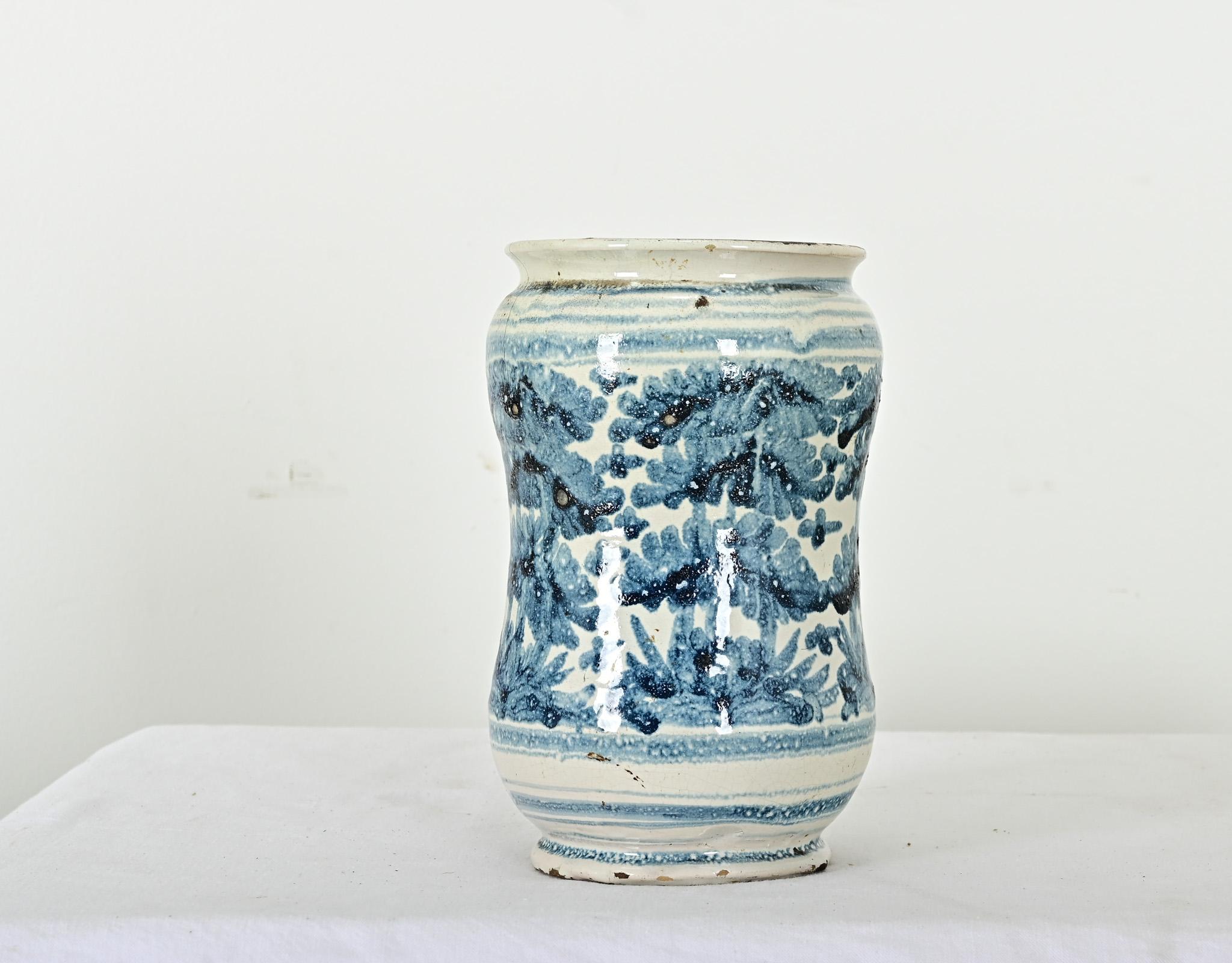 The practice of healthcare and medicine may have changed since the 18th century, this Italian pharmacy jar from c. 1780 has enduring function and appeal. The gourd-shaped vessel is hand-painted with inky blue foliate motifs similar to Delft and