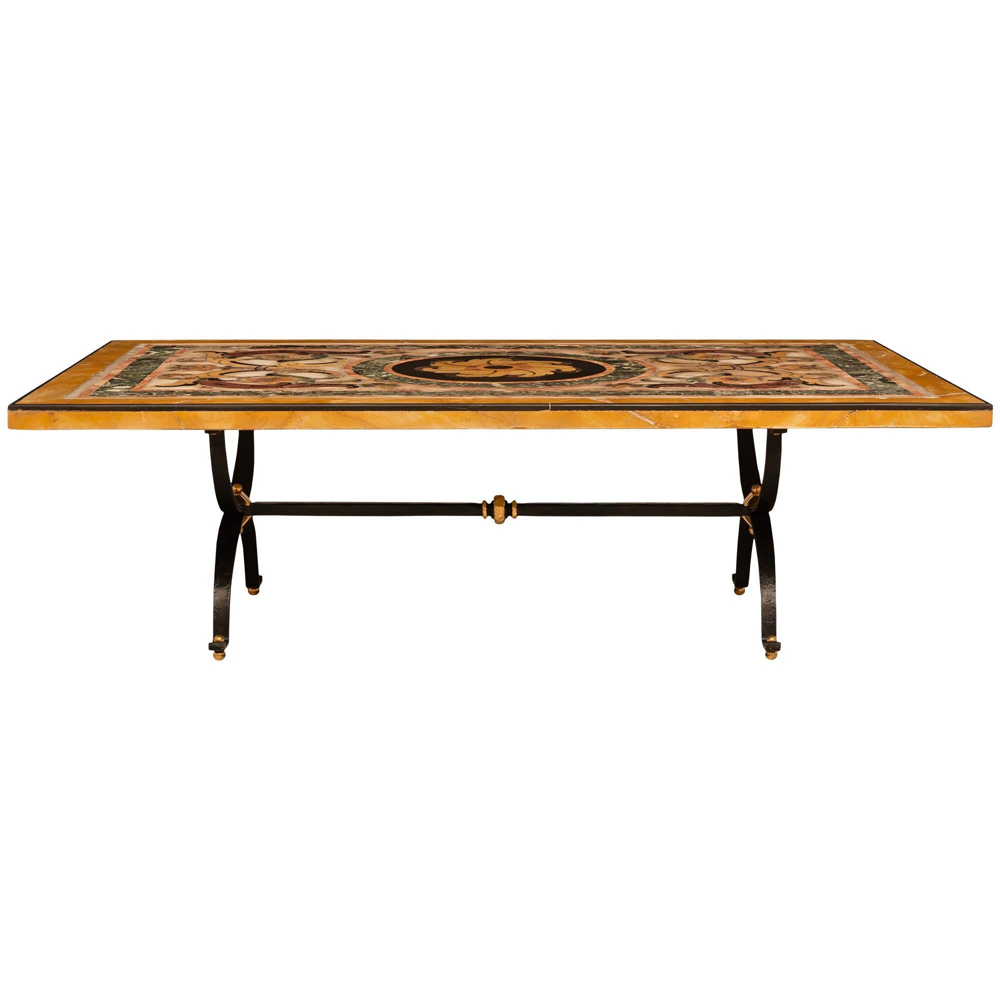 Italian 18th Century Pietra Dura Marble, Wrought Iron And Brass Coffee Table For Sale 6