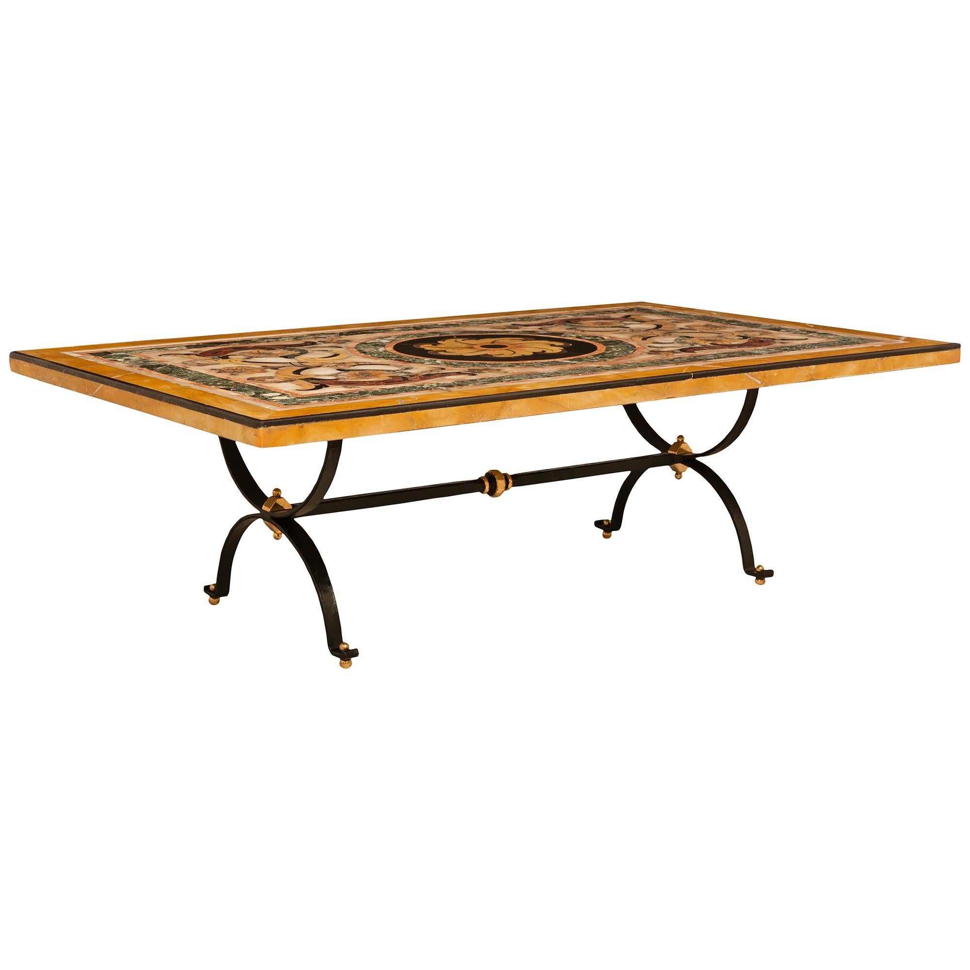 Italian 18th Century Pietra Dura Marble, Wrought Iron And Brass Coffee Table In Good Condition For Sale In West Palm Beach, FL