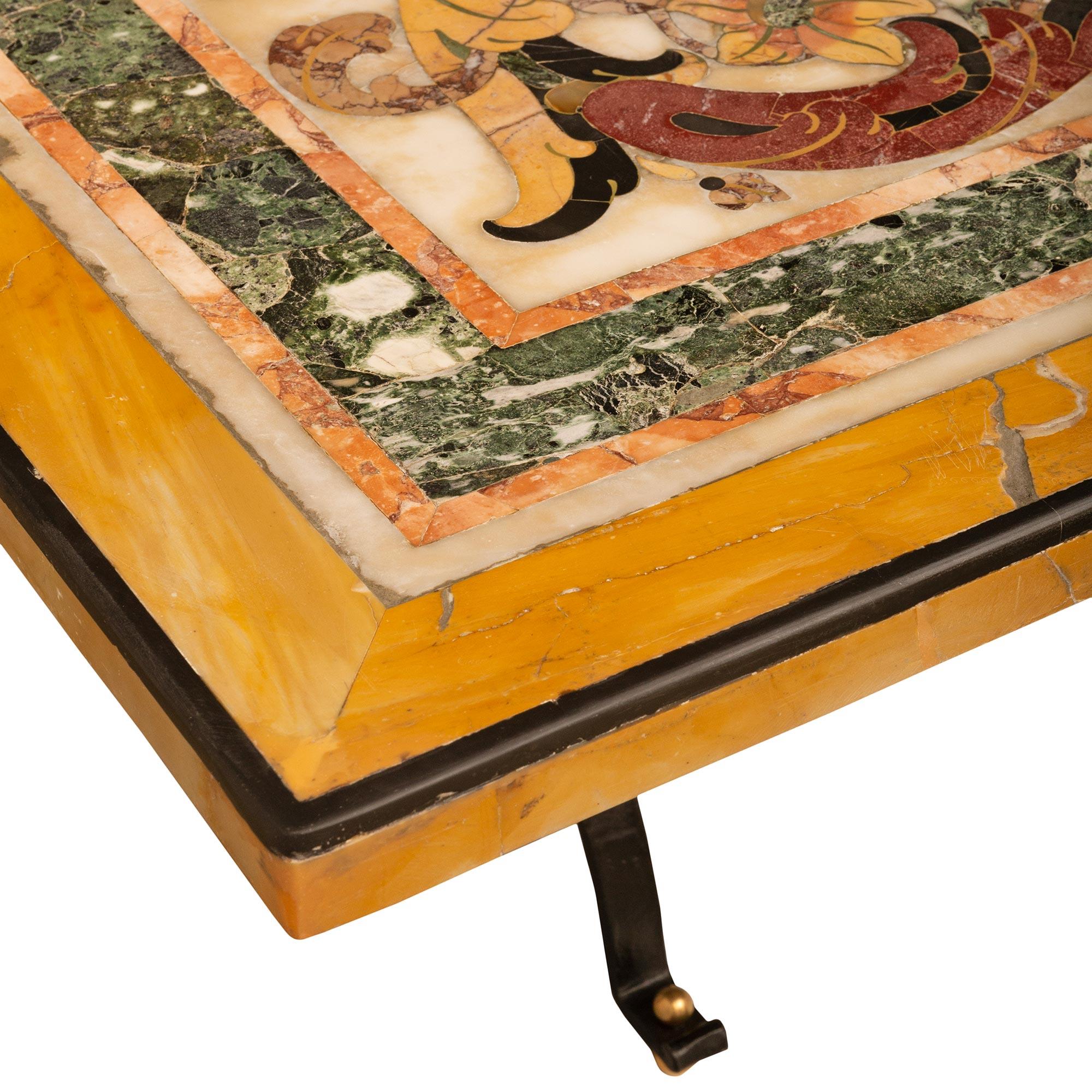 Italian 18th Century Pietra Dura Marble, Wrought Iron And Brass Coffee Table For Sale 1