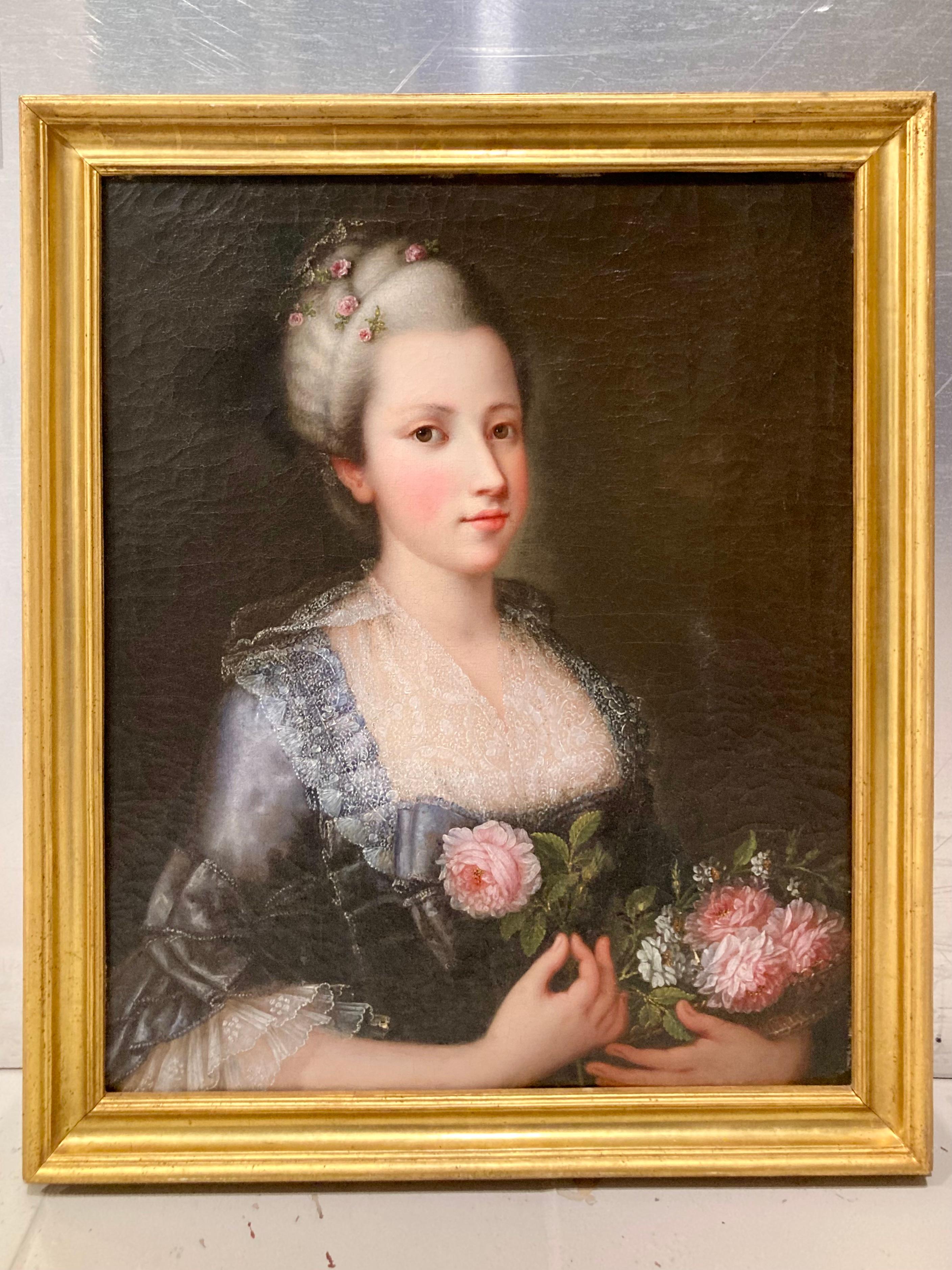 Magnifique portrait de femme italien du 18e siècle. Des détails étonnants, en particulier avec les tissus. Joliment encadré et prêt à être accroché dans votre maison.