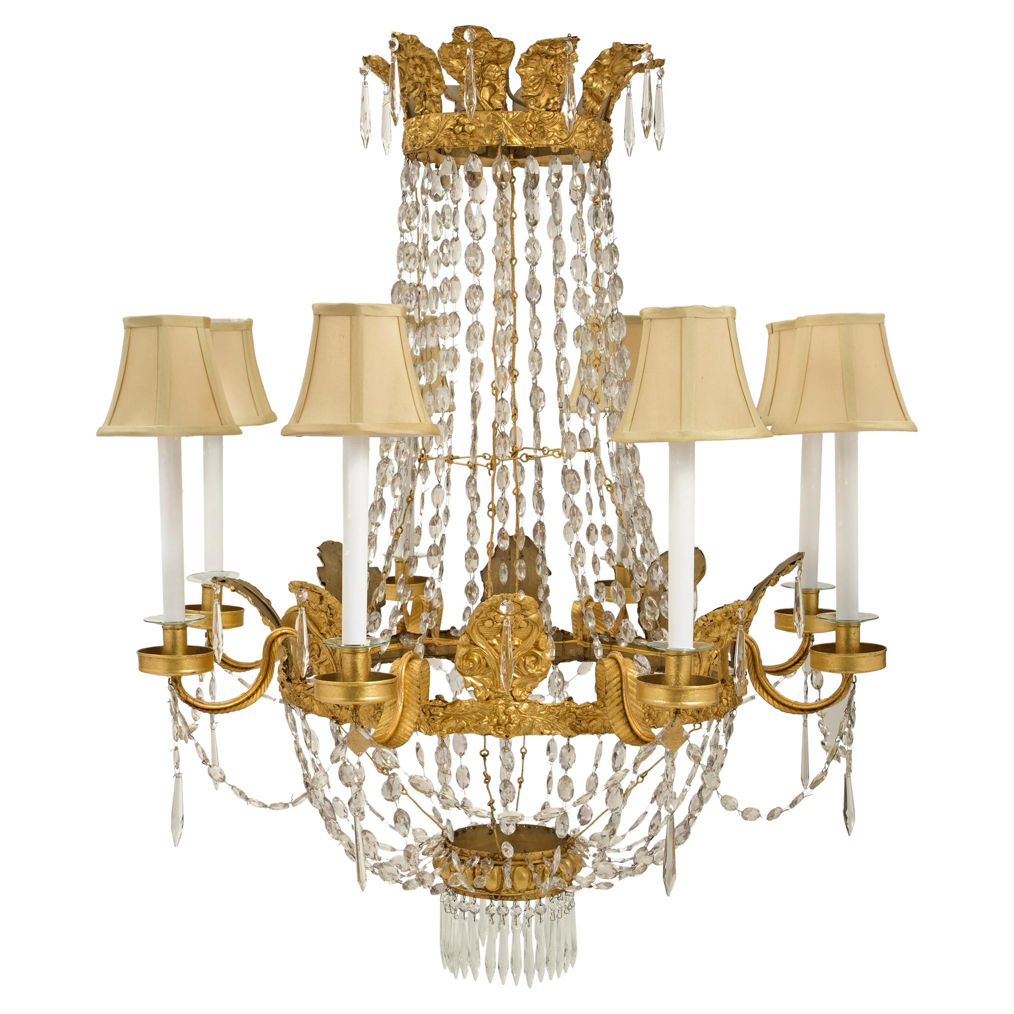 Italian 18th Century Pressed Gilt Metal and Crystal Eight-Light Chandelier For Sale