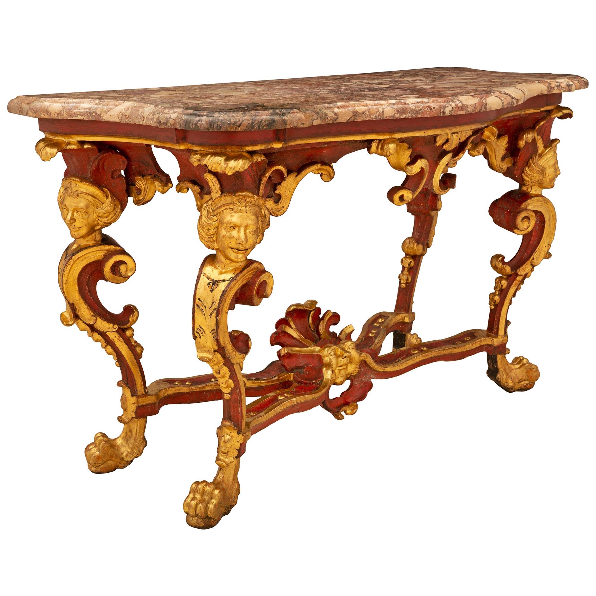Italian 18th Century Red Polychrome and Giltwood Roman Console In Good Condition For Sale In West Palm Beach, FL