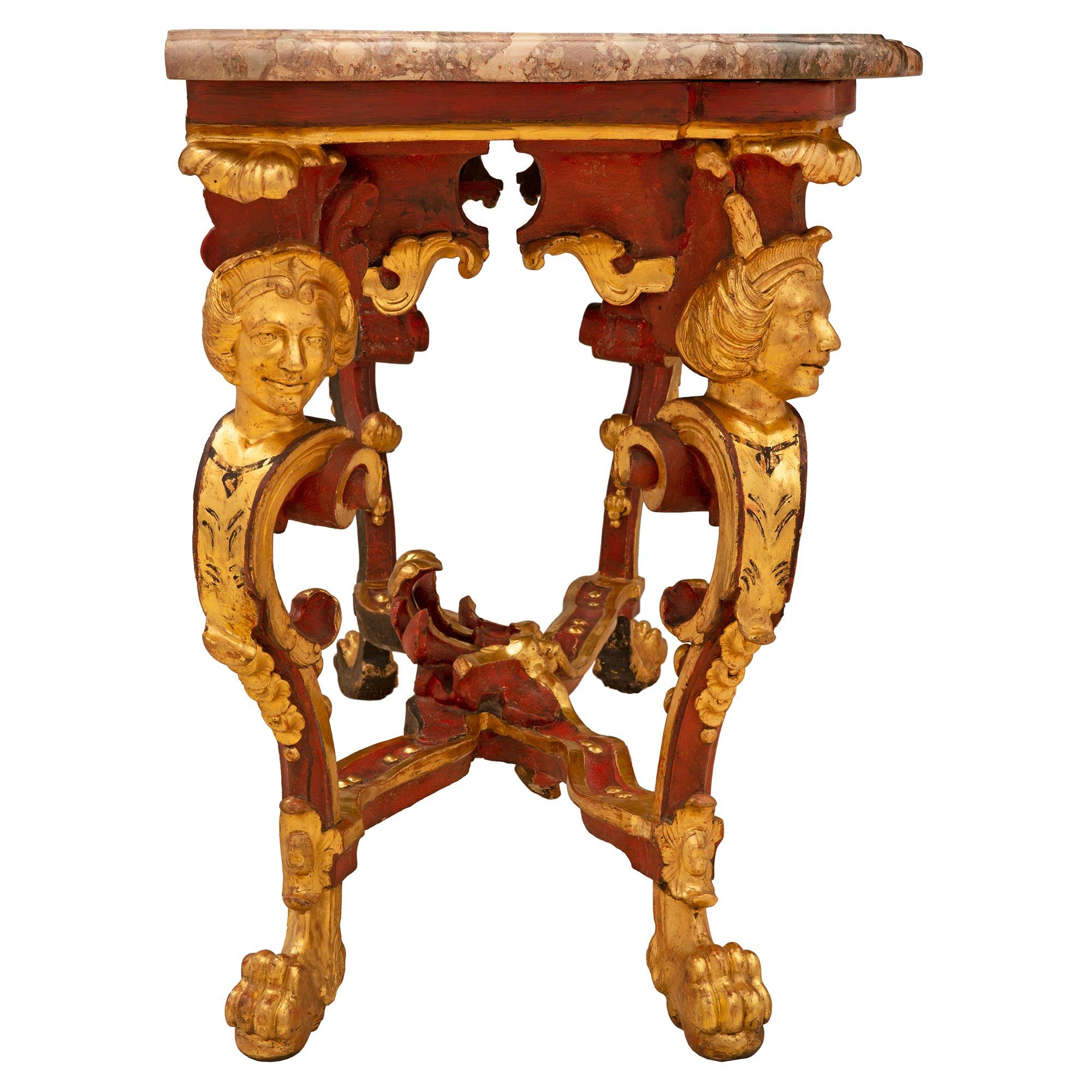 18th Century and Earlier Italian 18th Century Red Polychrome and Giltwood Roman Console For Sale