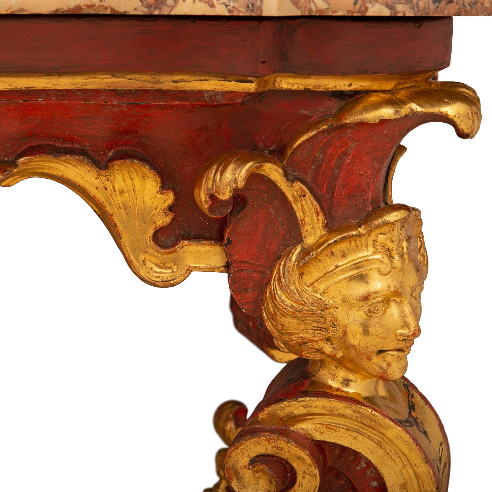 Marble Italian 18th Century Red Polychrome and Giltwood Roman Console For Sale