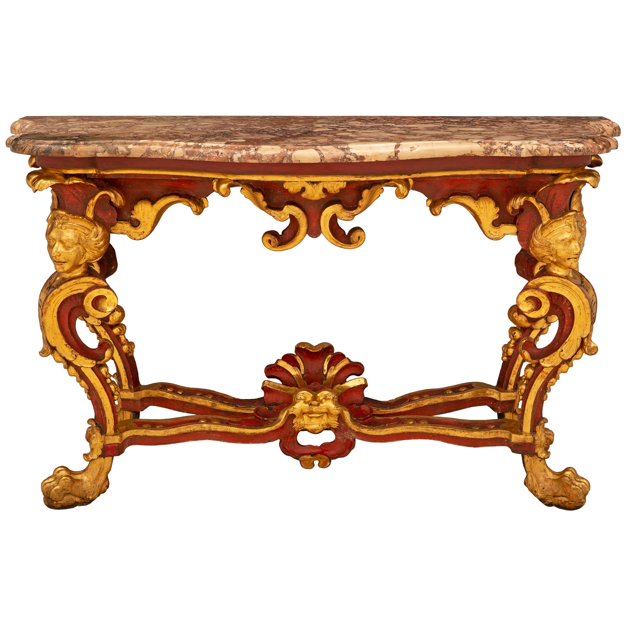 Console romaine italienne rouge polychrome et bois doré du 18ème siècle en vente