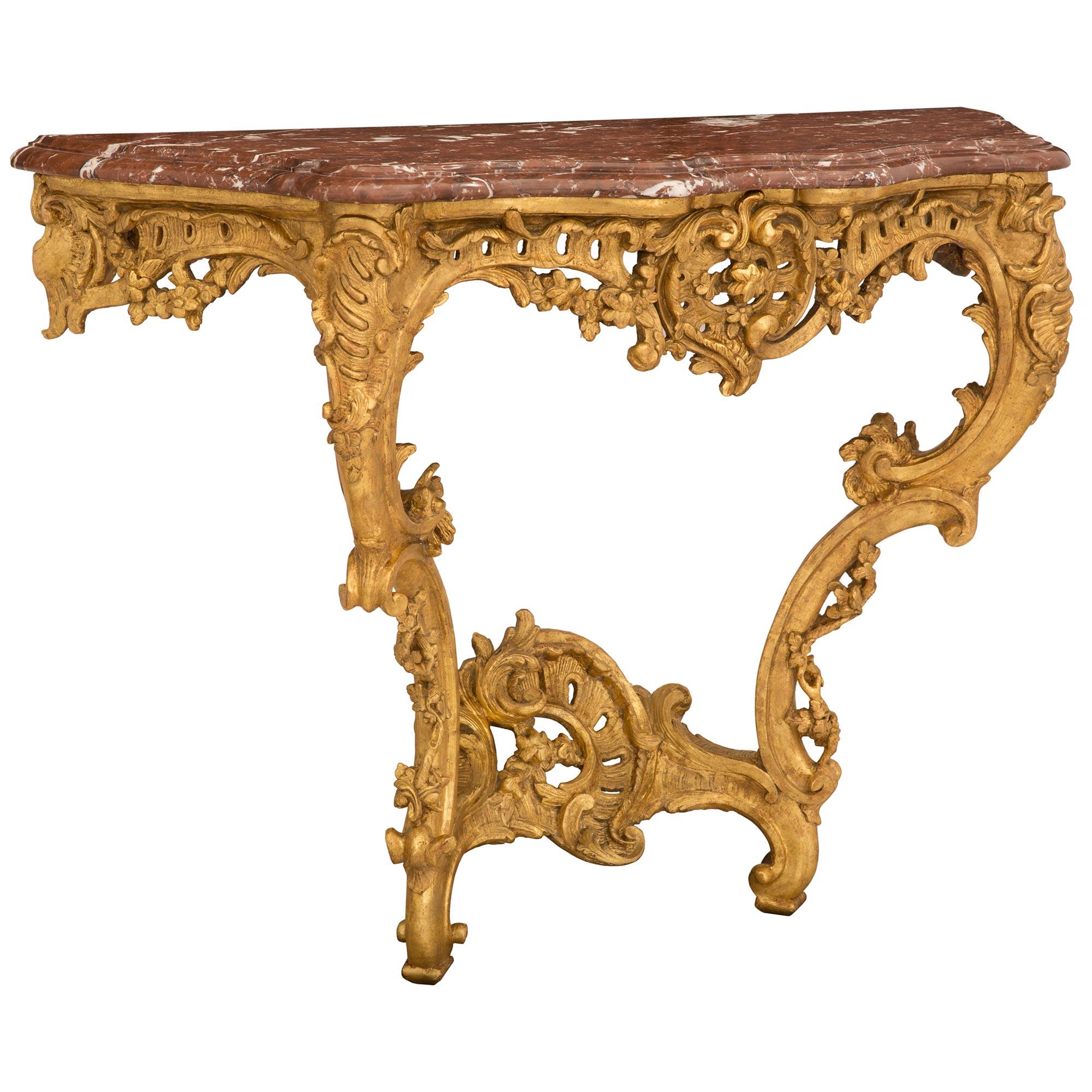 Italian 18th Century Régence Period Giltwood and Rouge Royale Marble Console In Good Condition For Sale In West Palm Beach, FL