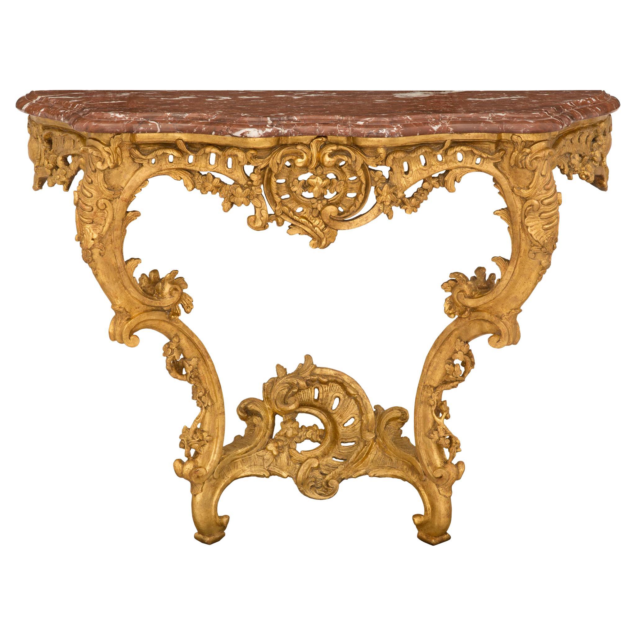 Italian 18th Century Régence Period Giltwood and Rouge Royale Marble Console