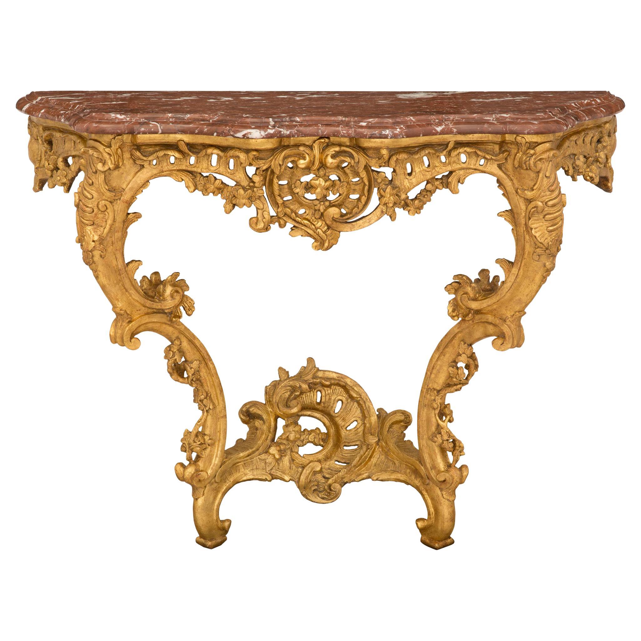 Consolle italiana del XVIII secolo del periodo Régence in legno dorato e marmo Rouge Royale in vendita