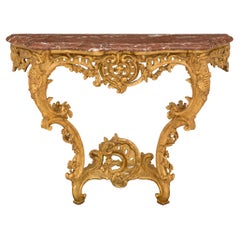 Console italienne du 18ème siècle en bois doré et marbre rouge royale de la période de la Rgence