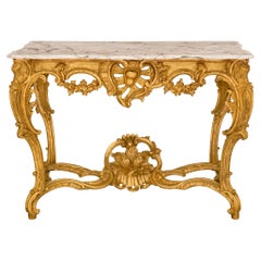 Console italienne de style Régence du 18ème siècle, d'époque Louis XV, en bois doré et marbre