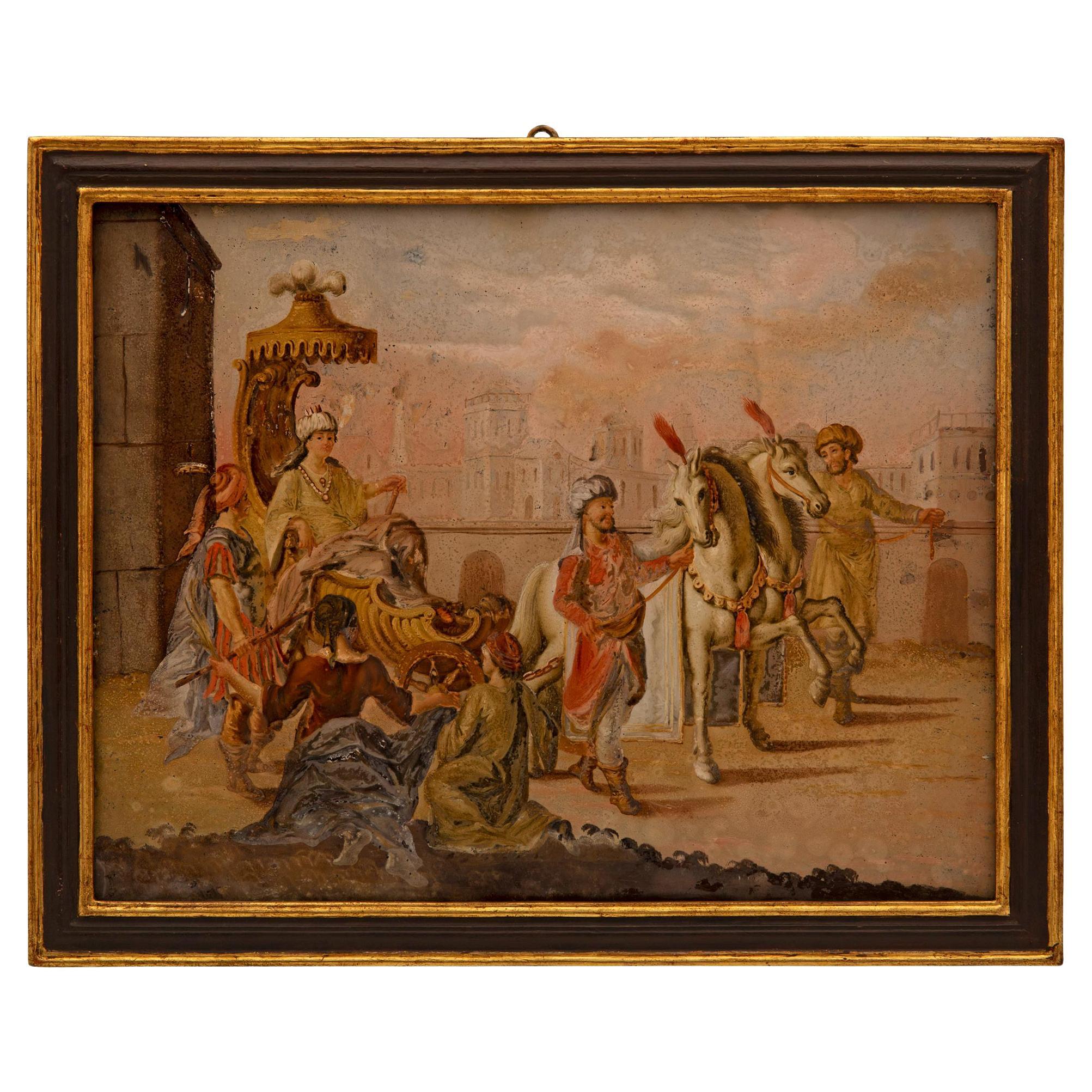 Peinture italienne du 18ème siècle sur verre dans son cadre d'origine peinte à l'envers en vente