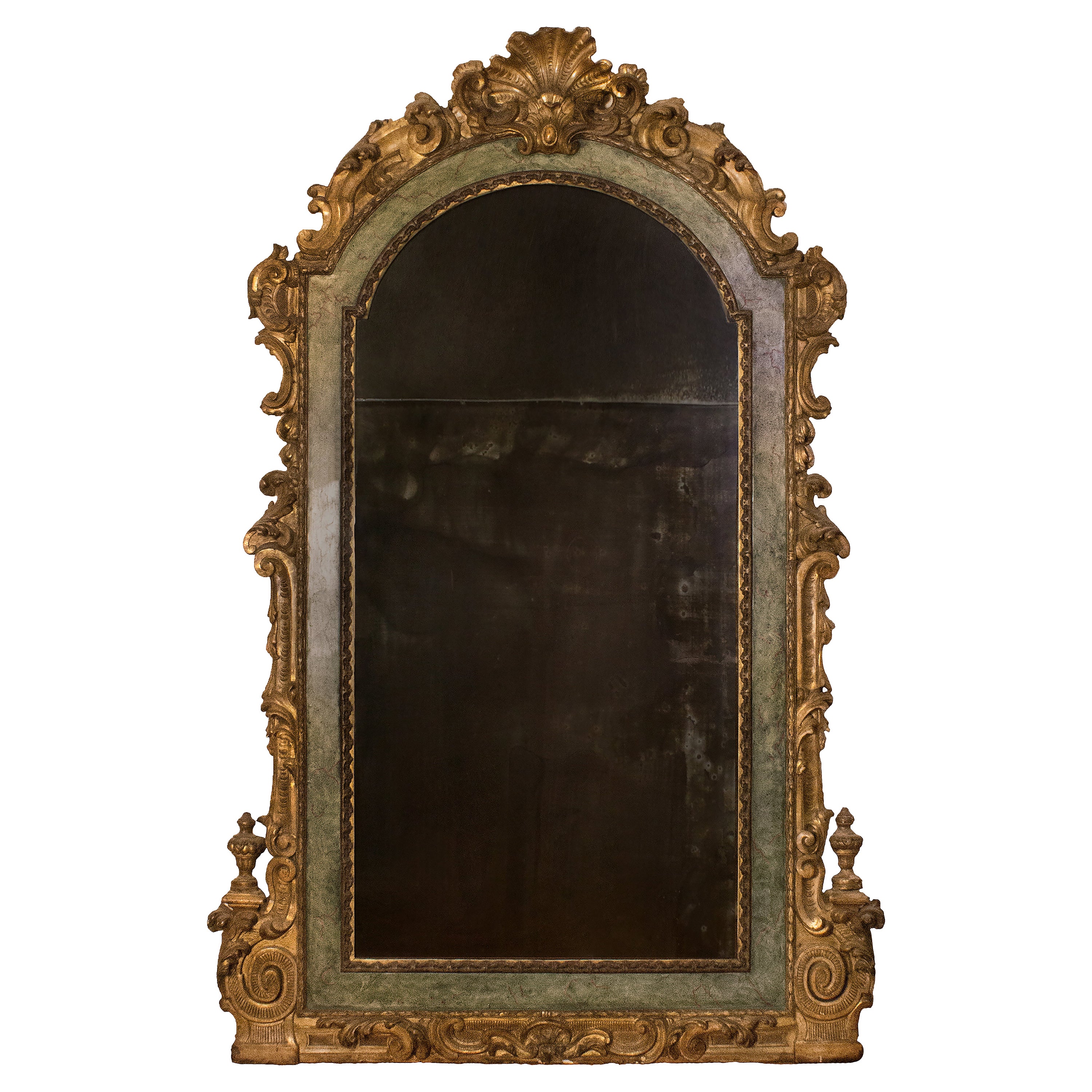 Miroir rococo italien du 18ème siècle avec plateau en arc de cercle peint et doré