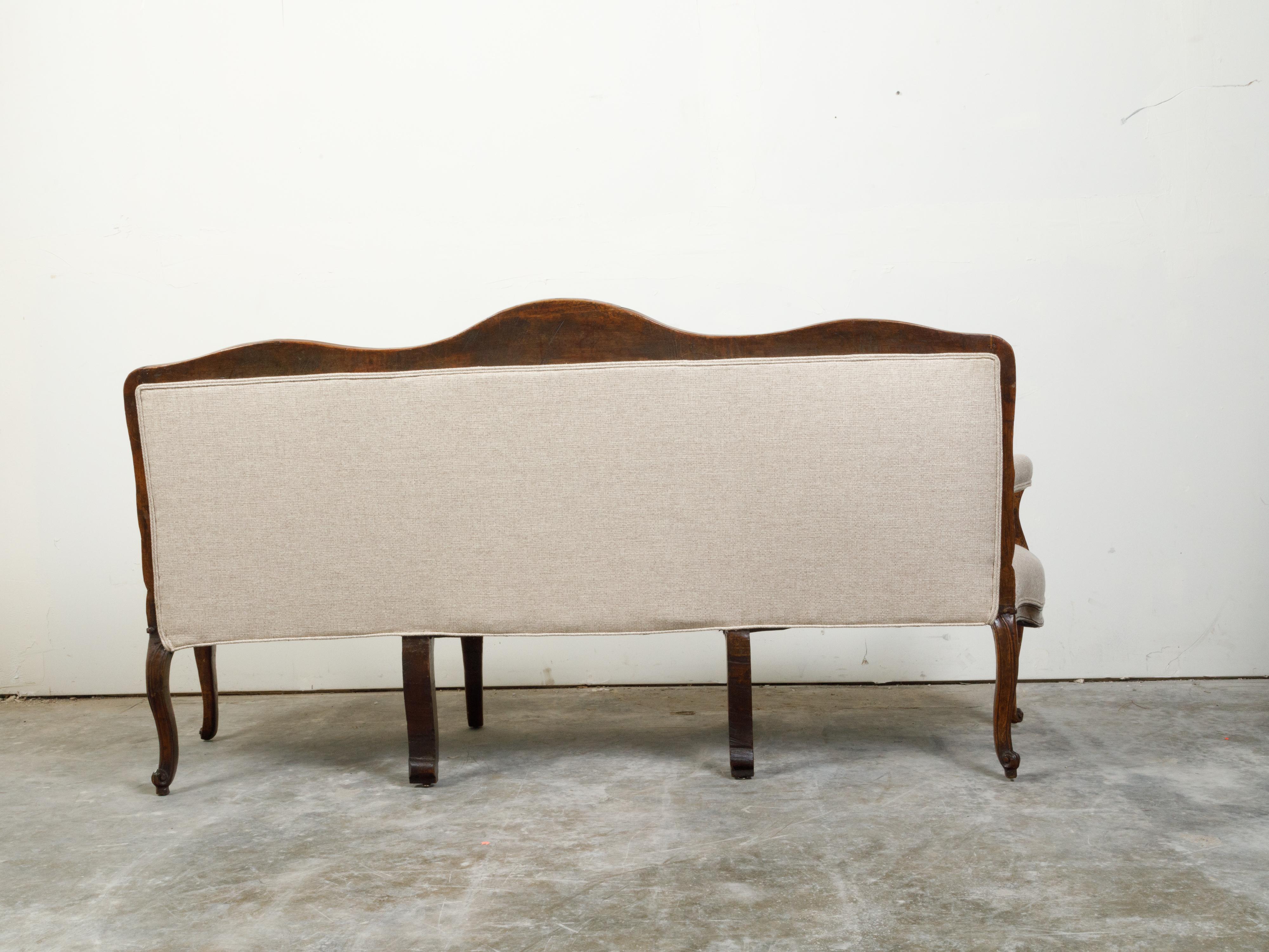 18th Century and Earlier Italian 18th Century Rococo Walnut Sofa with Cabriole Legs and New Upholstery