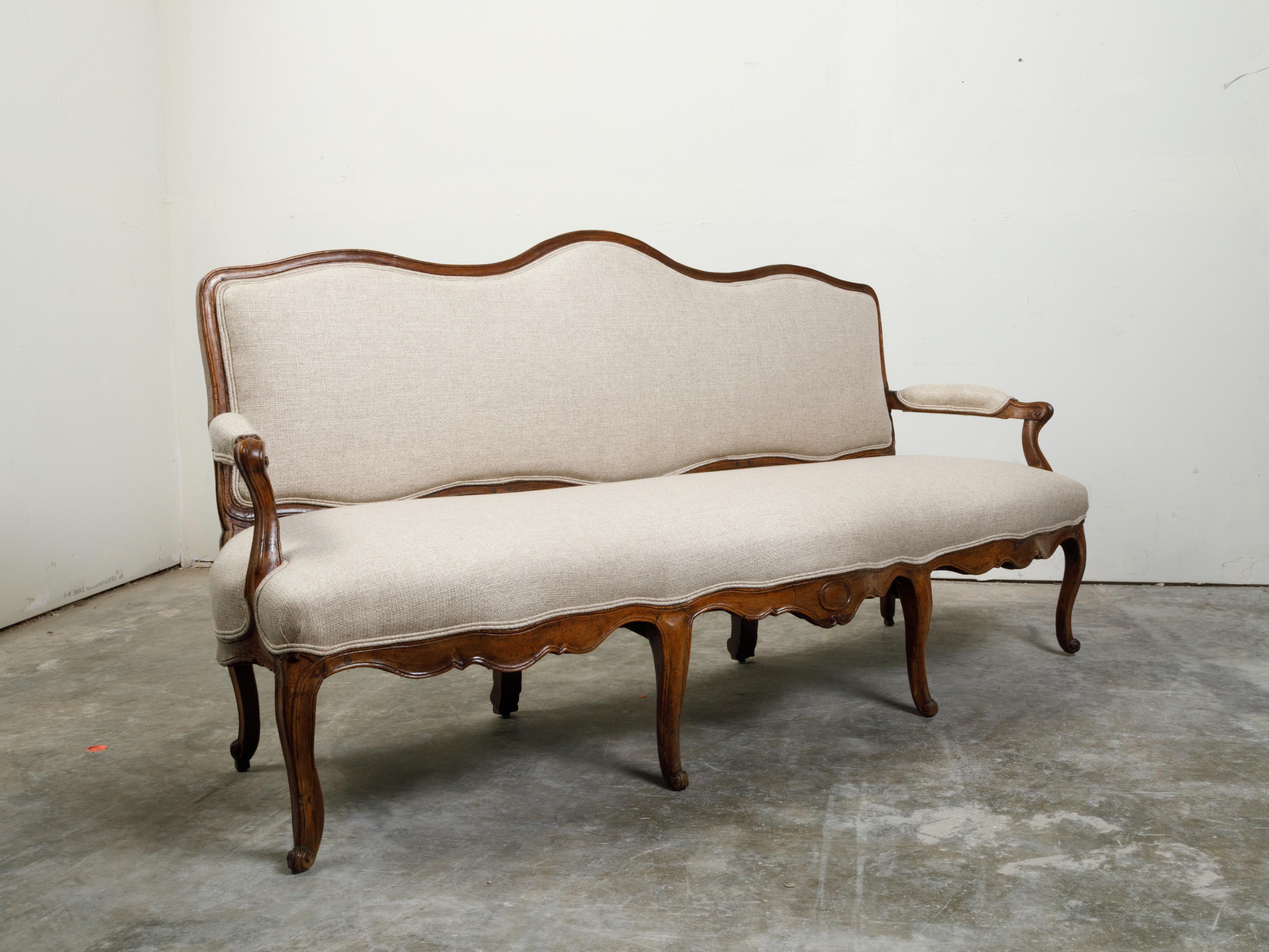 Italian 18th Century Rococo Walnut Sofa with Cabriole Legs and New Upholstery 2