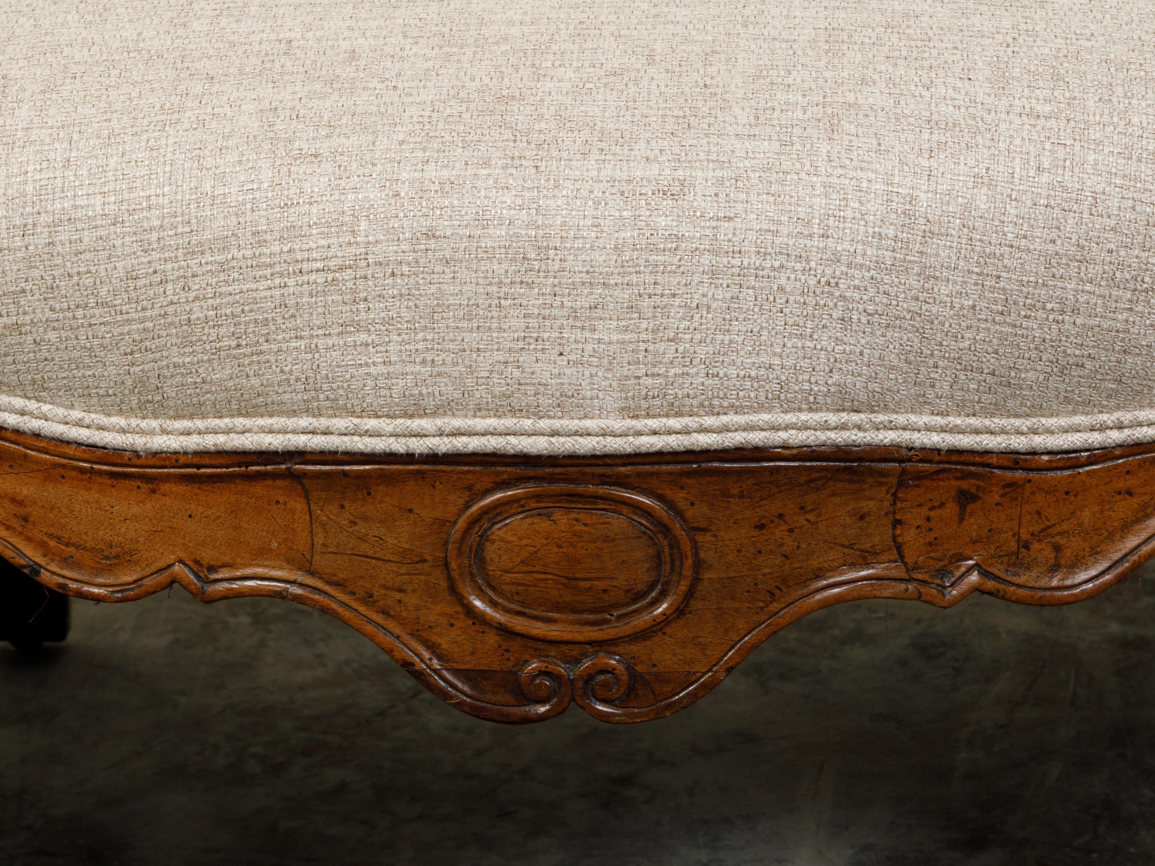 Italian 18th Century Rococo Walnut Sofa with Cabriole Legs and New Upholstery 3