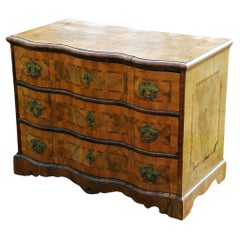 Italian 18th Century Serpentine Figured Walnut Parquetry Chest of Three Drawers