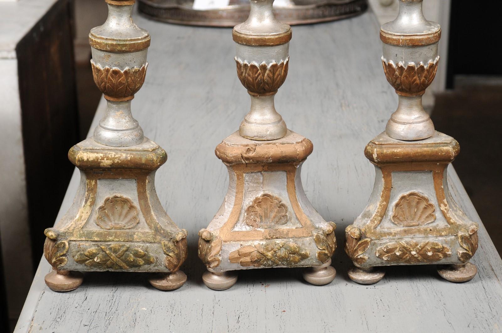 Italian 18th Century Silver Gilt Candlesticks with Painted and Carved Motifs 6