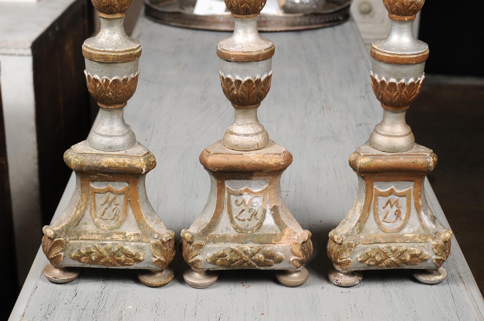 Italian 18th Century Silver Gilt Candlesticks with Painted and Carved Motifs 7