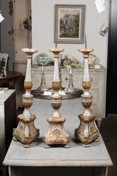 Italian 18th Century Silver Gilt Candlesticks with Painted and Carved Motifs