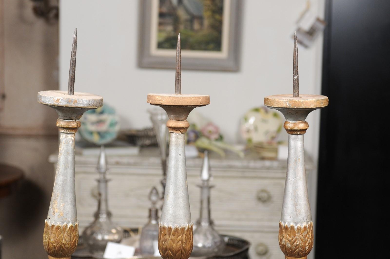 18th Century and Earlier Italian 18th Century Silver Gilt Candlesticks with Painted and Carved Motifs