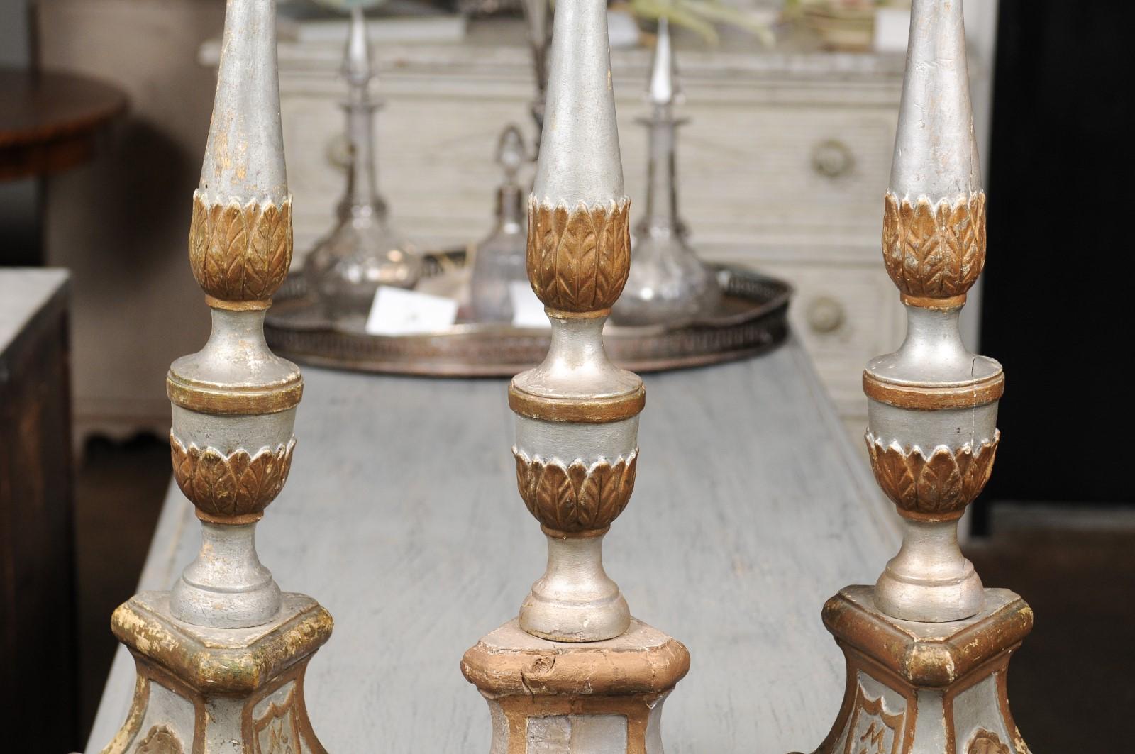 Italian 18th Century Silver Gilt Candlesticks with Painted and Carved Motifs 1