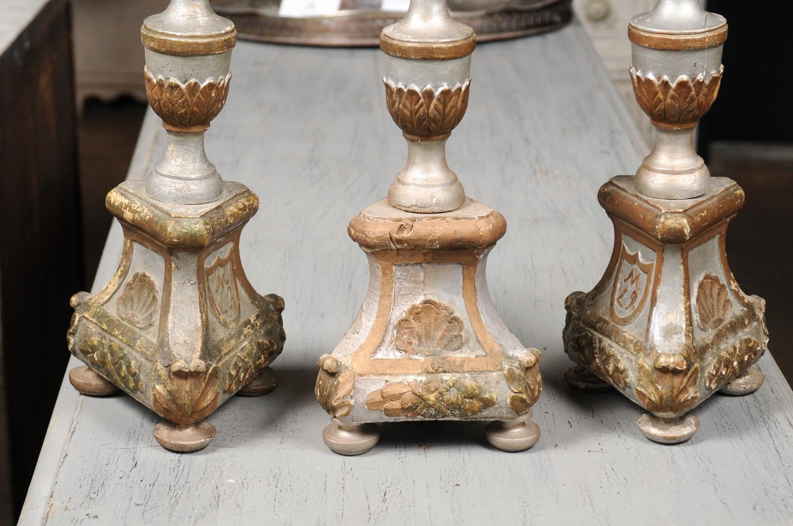 Italian 18th Century Silver Gilt Candlesticks with Painted and Carved Motifs 2