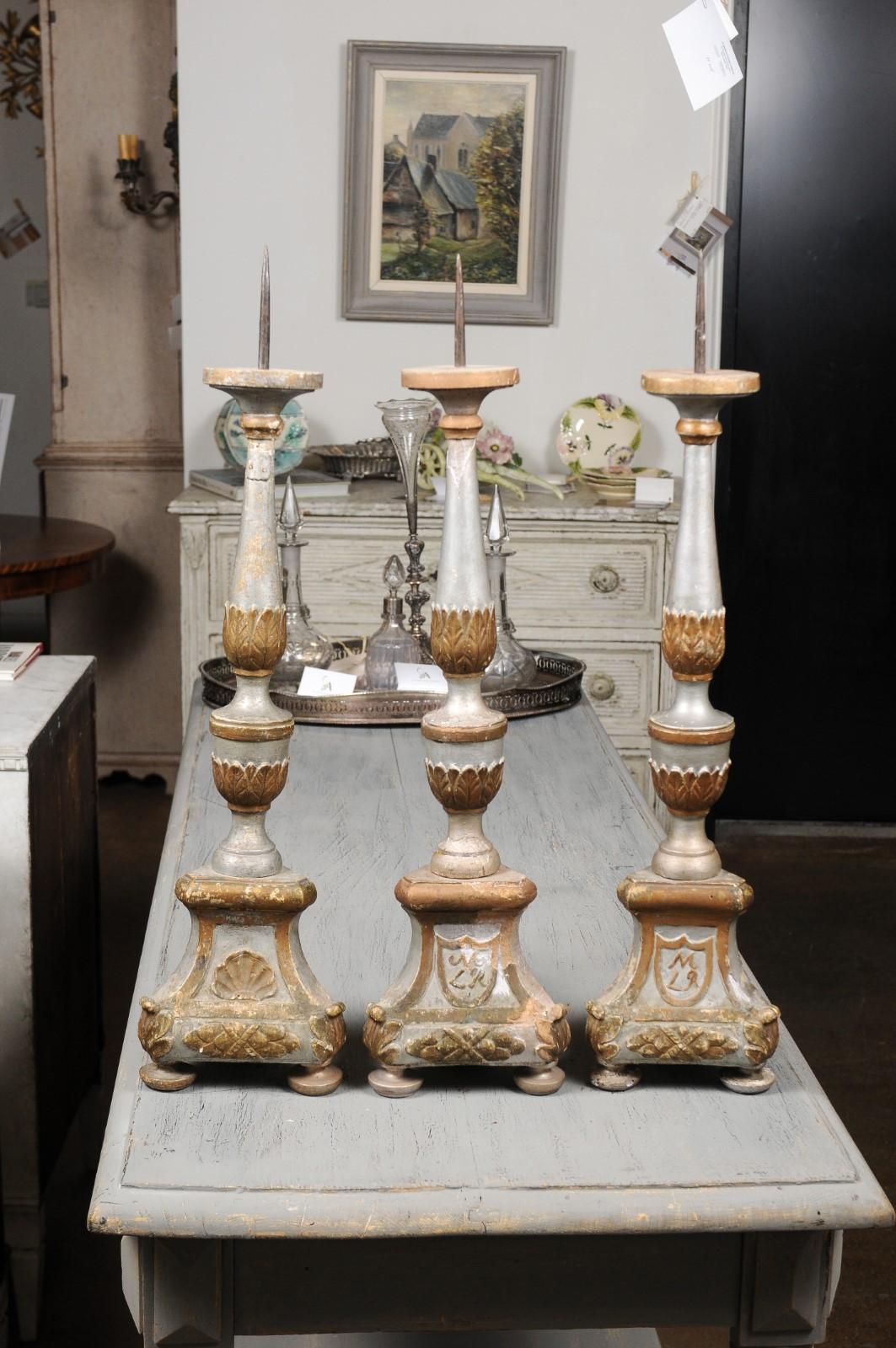 Italian 18th Century Silver Gilt Candlesticks with Painted and Carved Motifs 3