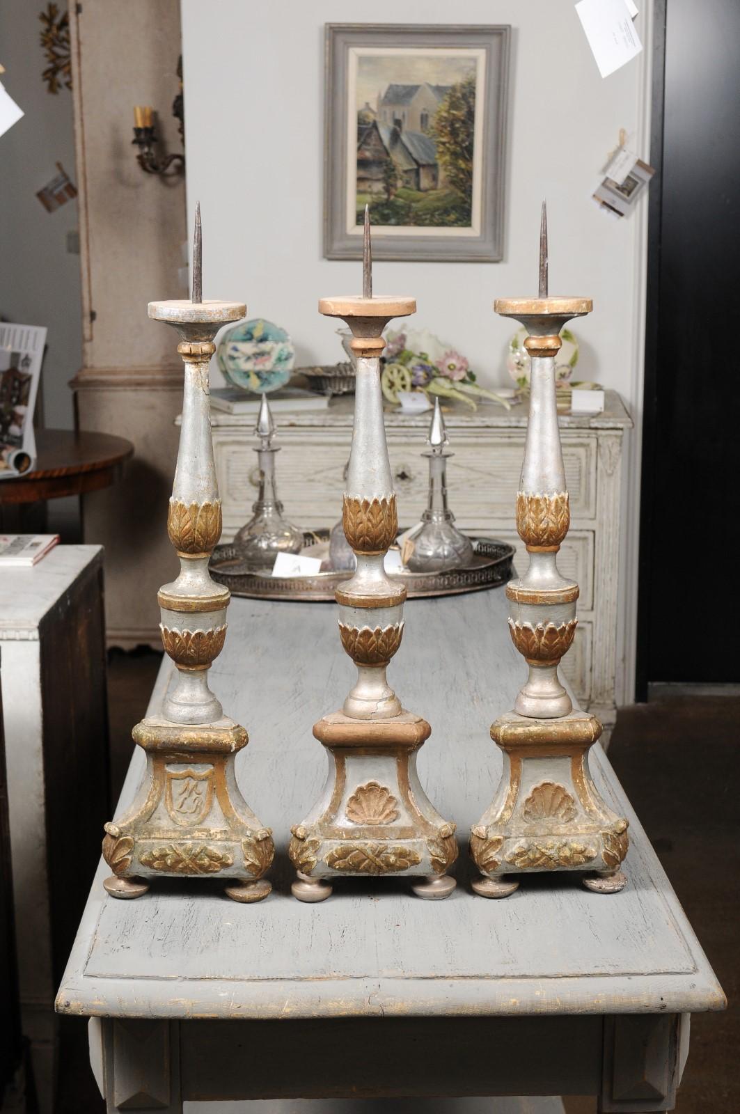 Italian 18th Century Silver Gilt Candlesticks with Painted and Carved Motifs 4