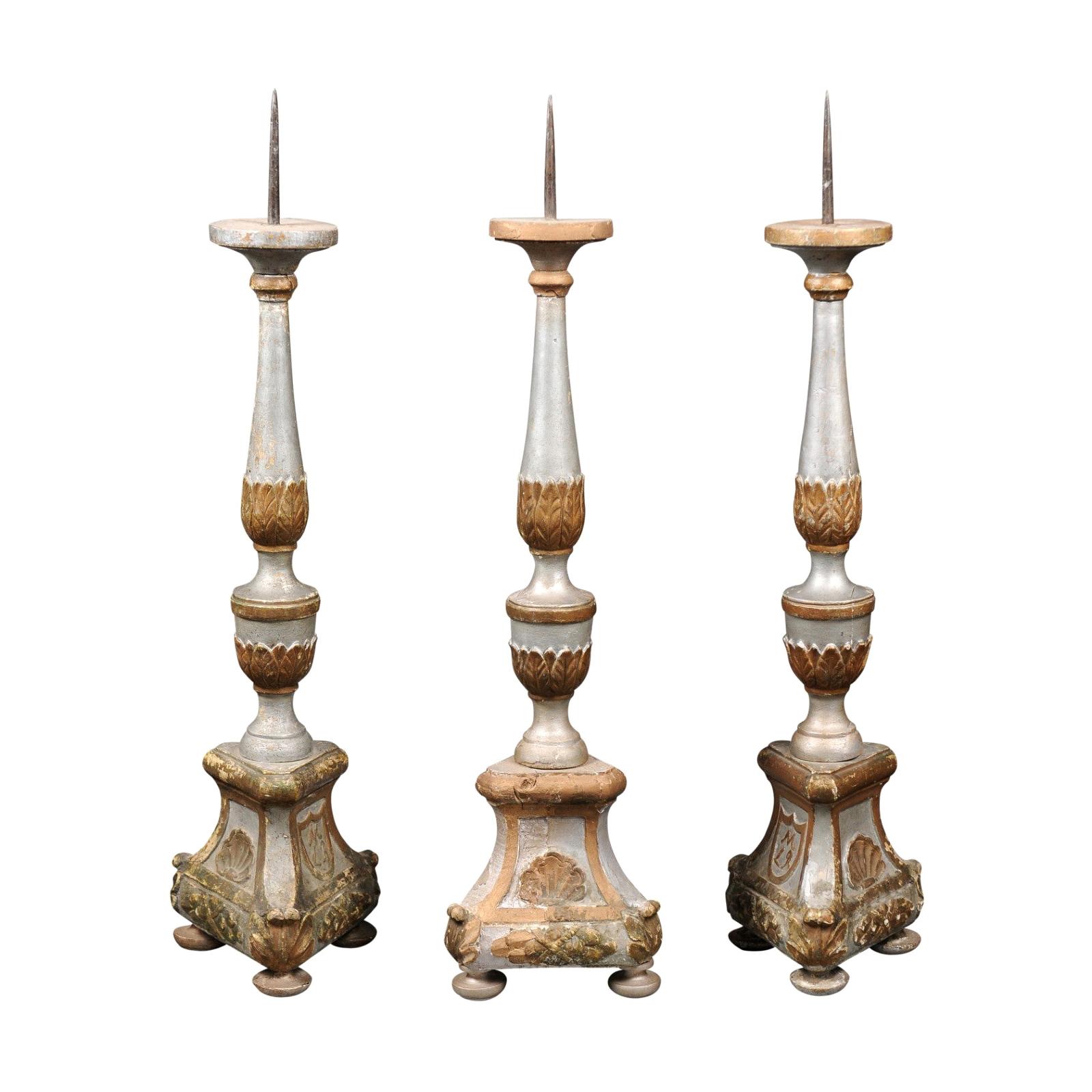 Italian 18th Century Silver Gilt Candlesticks with Painted and Carved Motifs