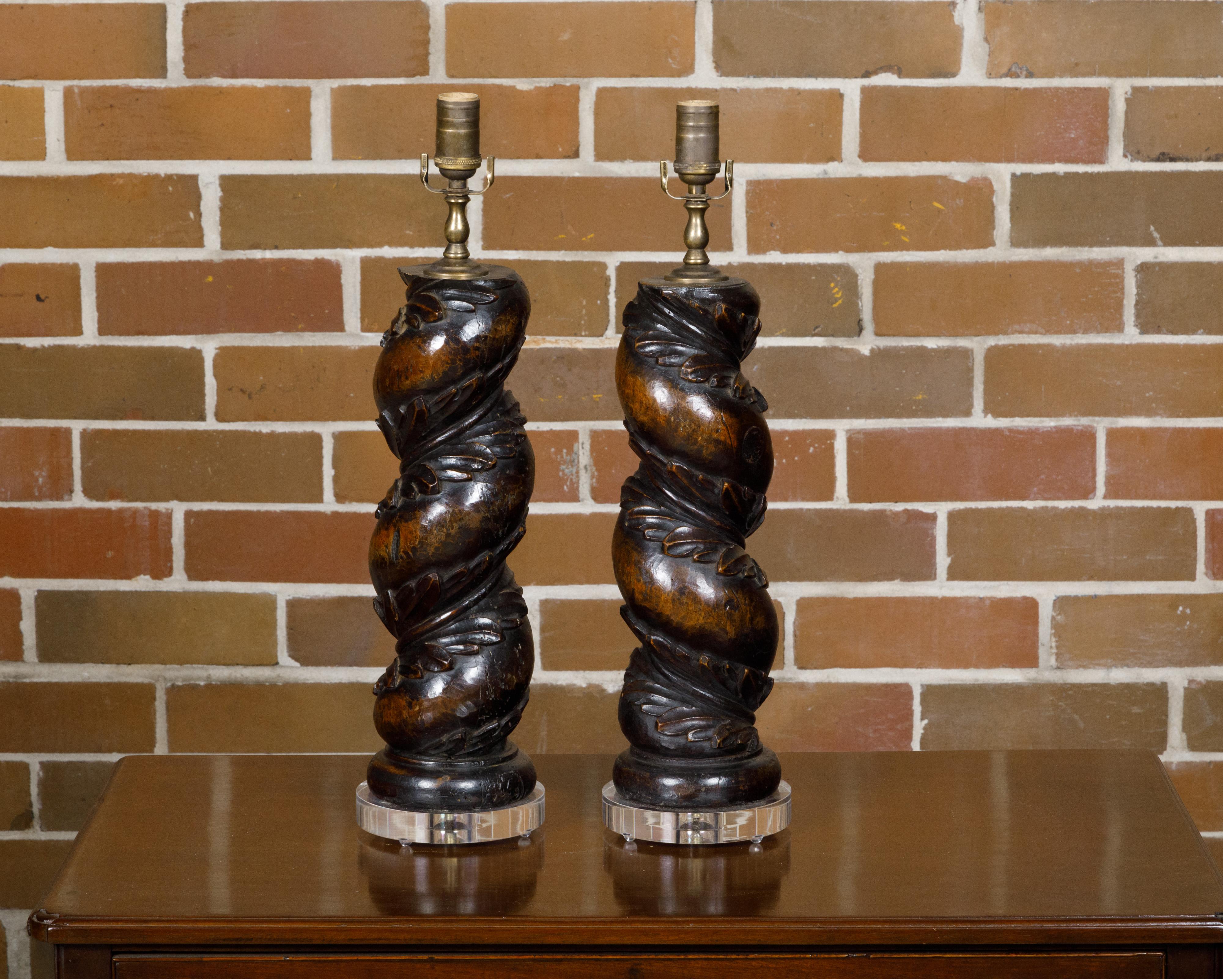 Carved Italian 18th Century Solomonic Walnut Fragments Made into US Wired Table Lamps