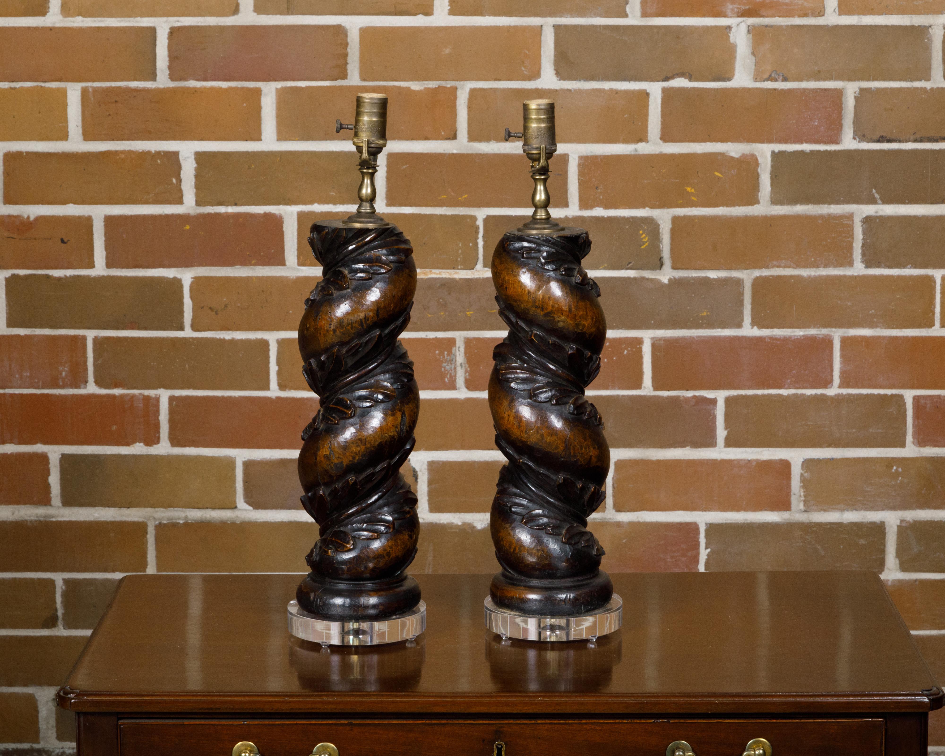 Italian 18th Century Solomonic Walnut Fragments Made into US Wired Table Lamps In Good Condition In Atlanta, GA