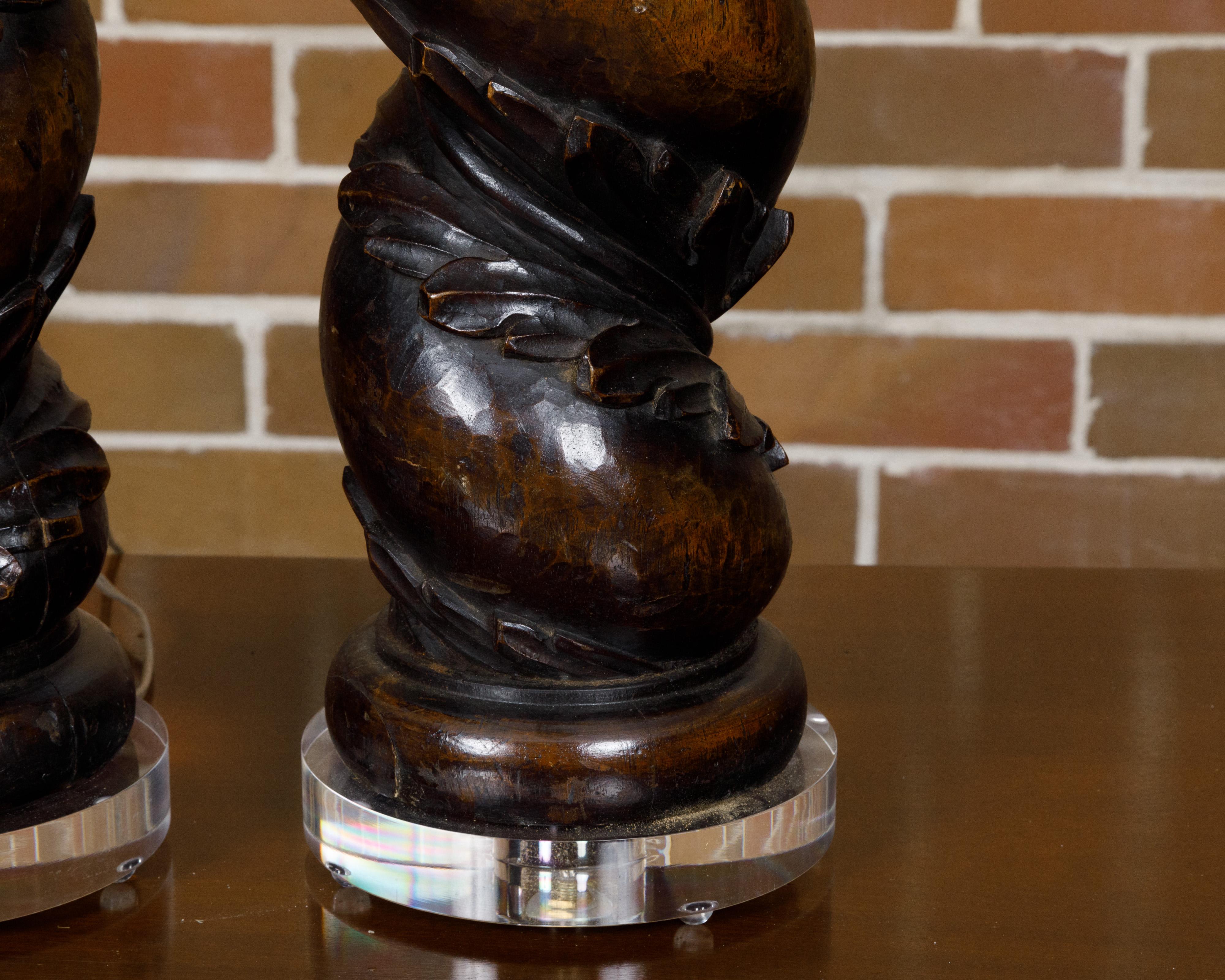 18th Century and Earlier Italian 18th Century Solomonic Walnut Fragments Made into US Wired Table Lamps