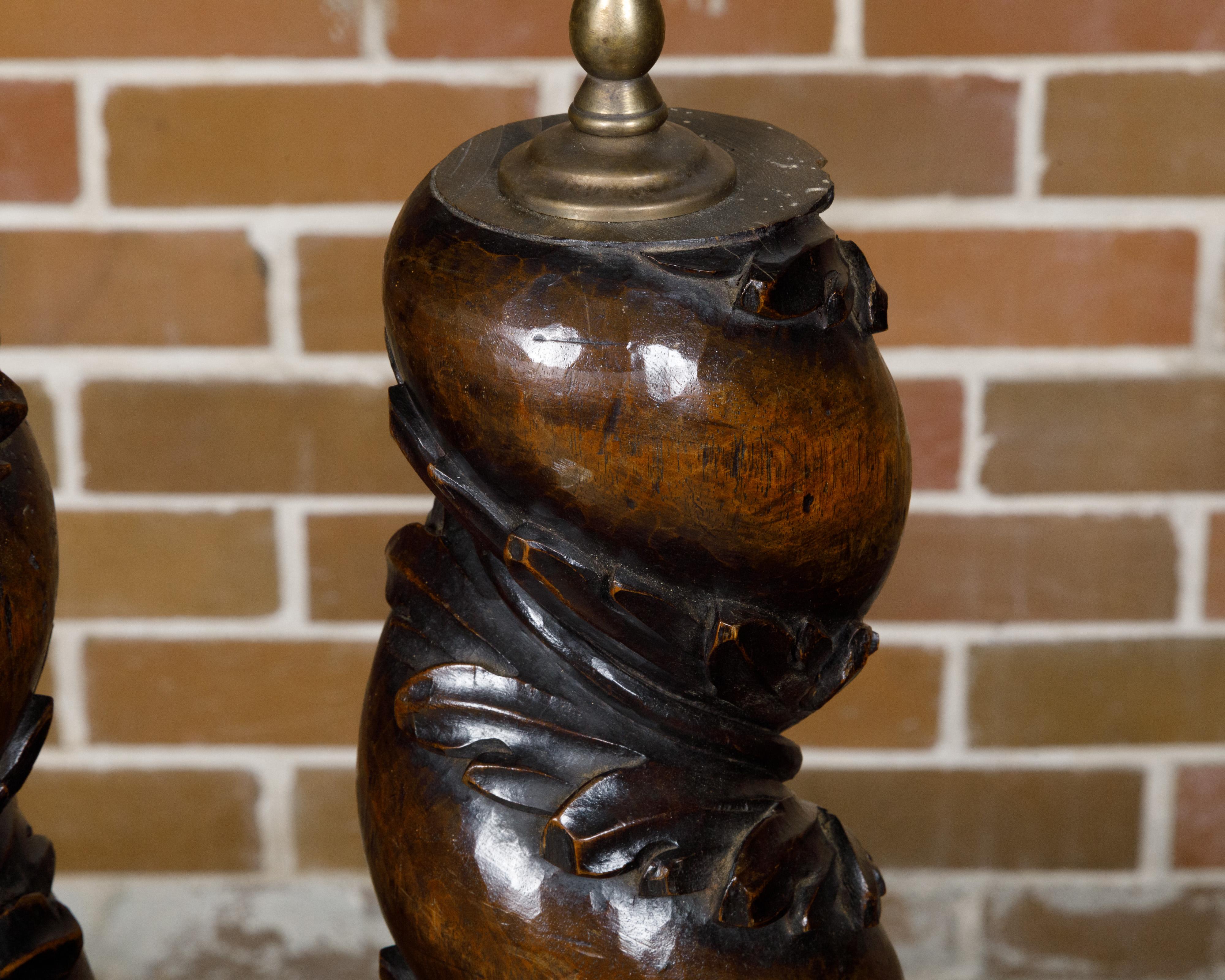 Italian 18th Century Solomonic Walnut Fragments Made into US Wired Table Lamps 1