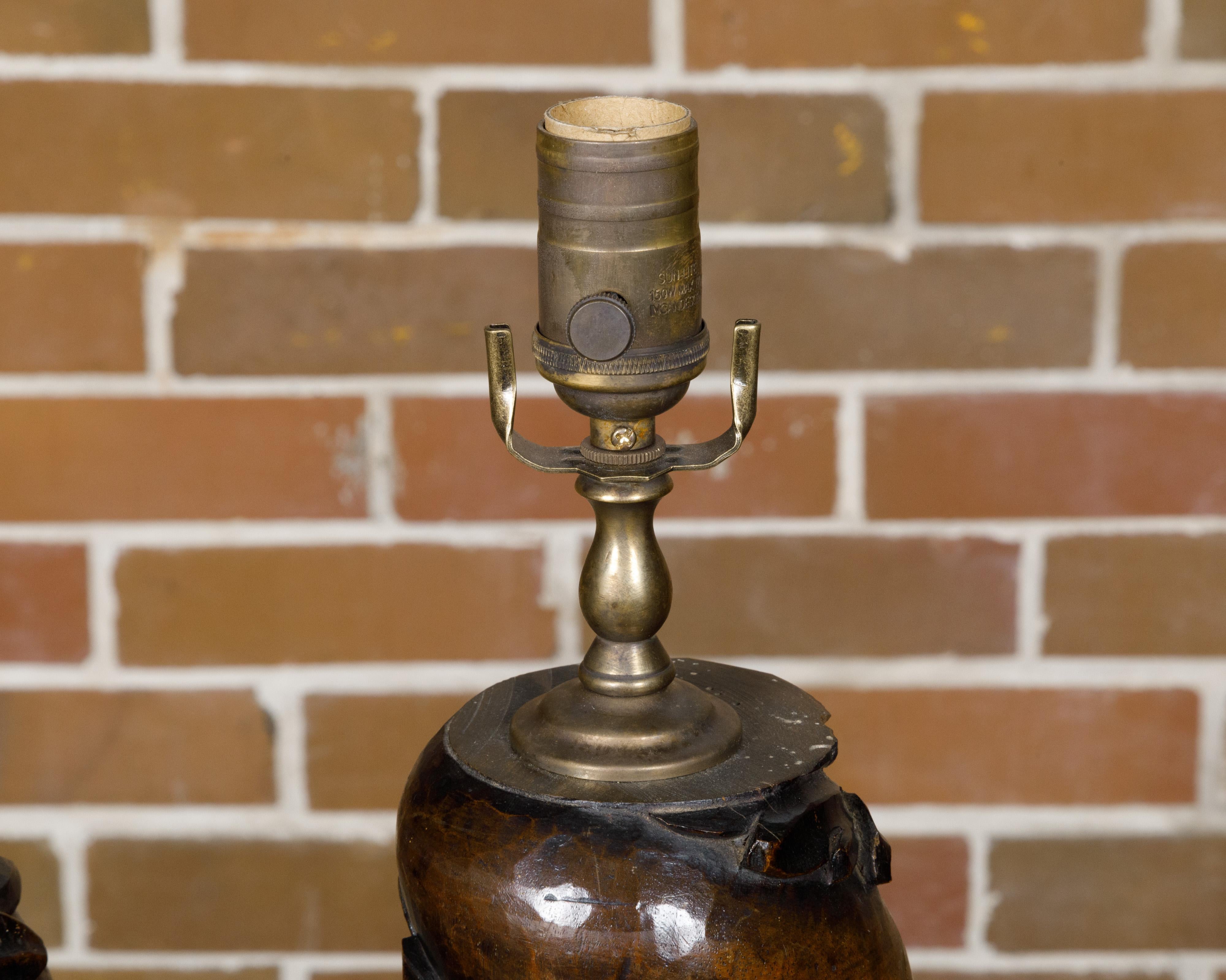 Italian 18th Century Solomonic Walnut Fragments Made into US Wired Table Lamps 2