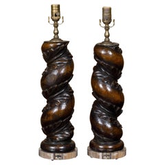 Italian 18th Century Solomonic Walnut Fragments Made into US Wired Table Lamps