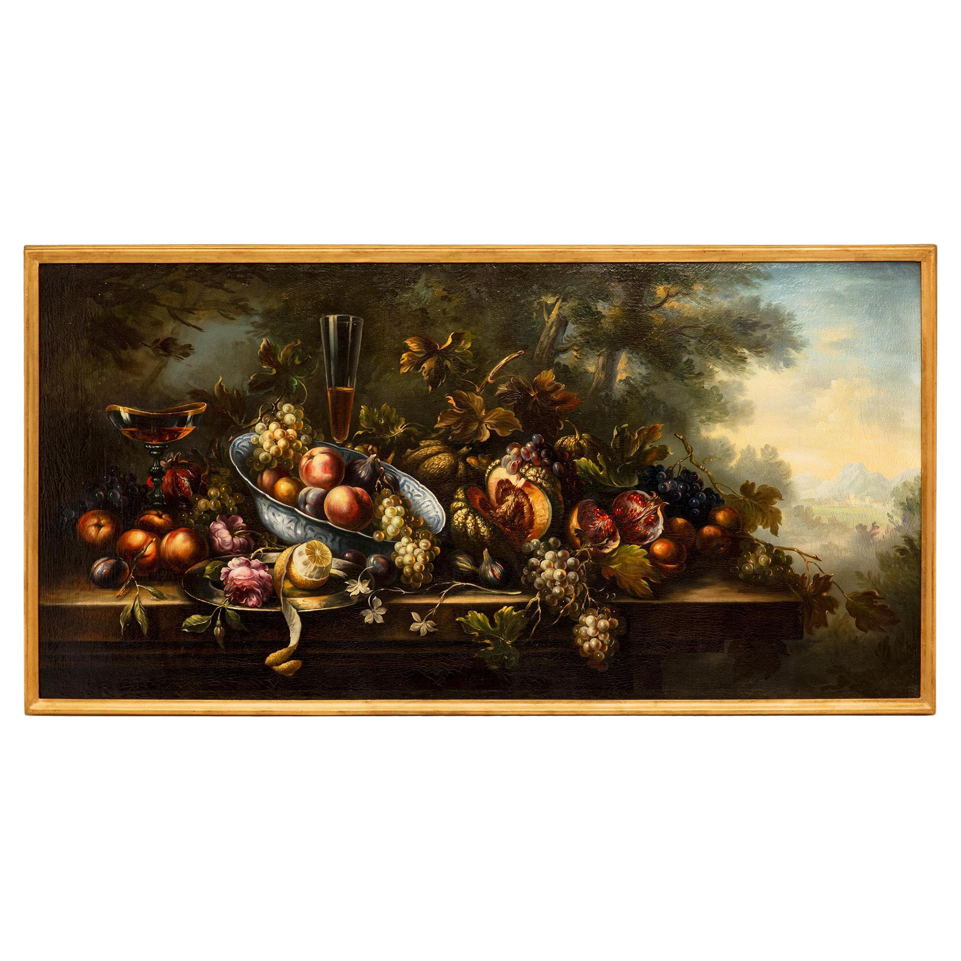 Natura morta italiana del XVIII secolo Olio su tela Quadro romano con cornice originale in vendita
