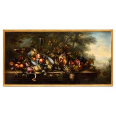 Antique Italian 18th Century Still Life Oil on Canvas Roman Painting in Original Frame