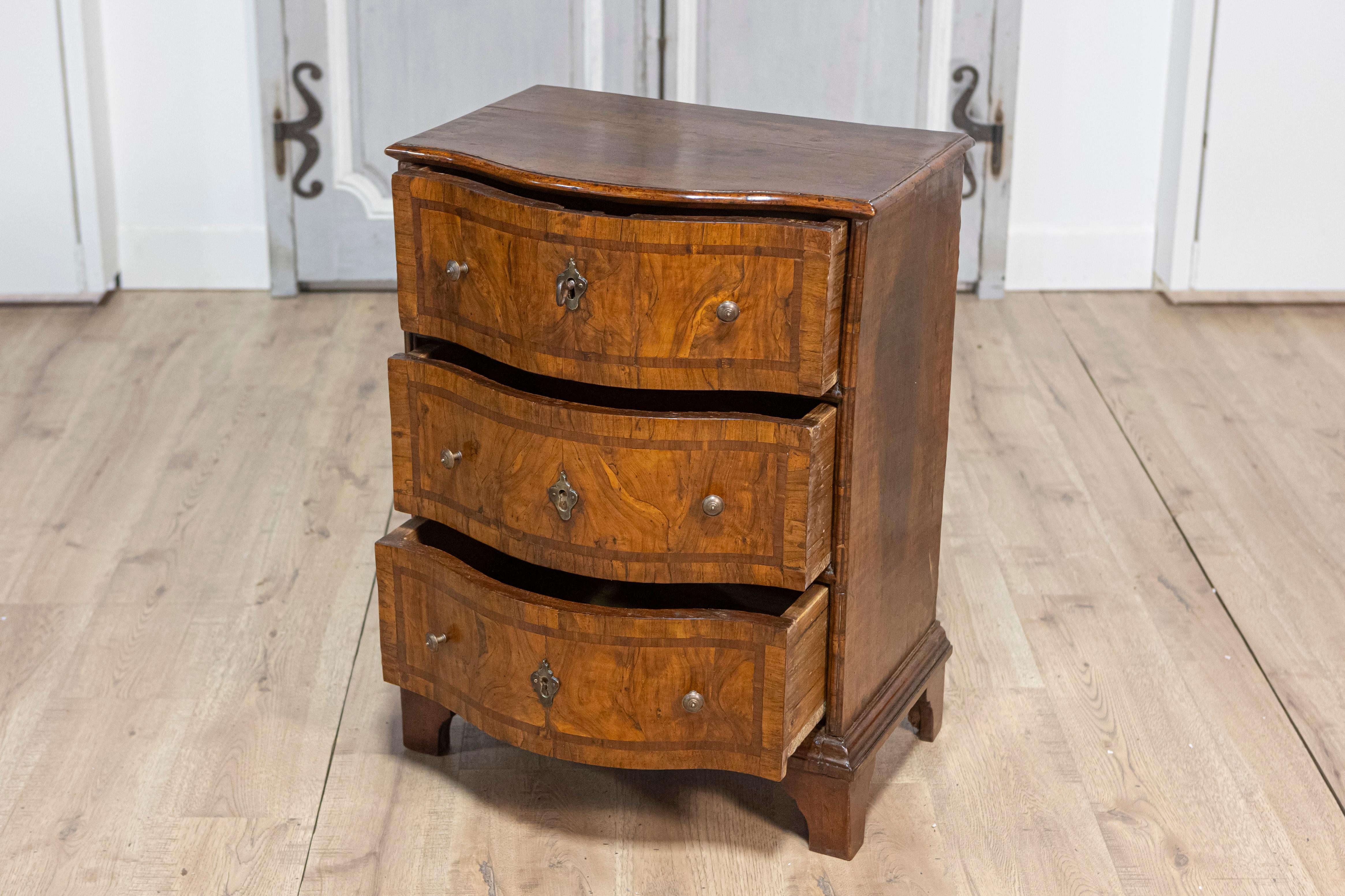 18th Century and Earlier Italian 18th Century Walnut and Mahogany Three-Drawer, Serpentine Front Chest For Sale