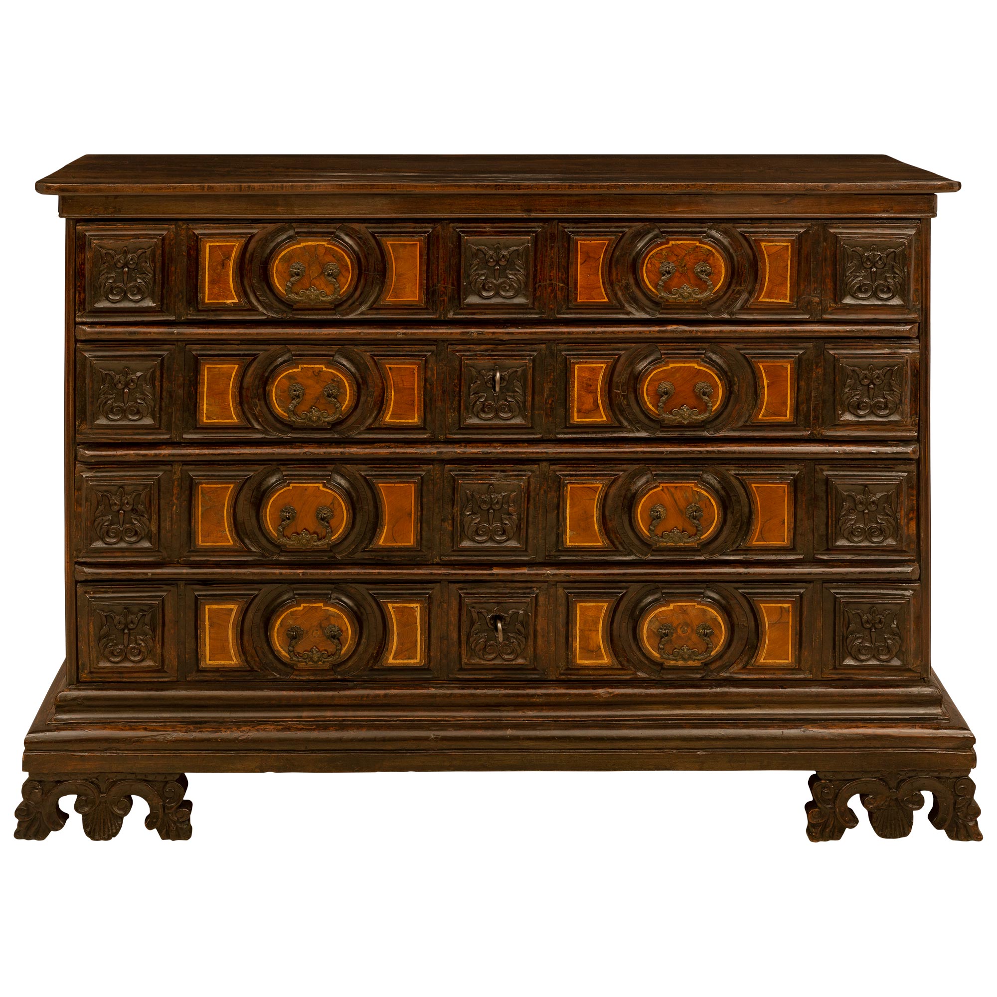 Italian 18th Century Walnut and Stained Pine Baroque Commode For Sale