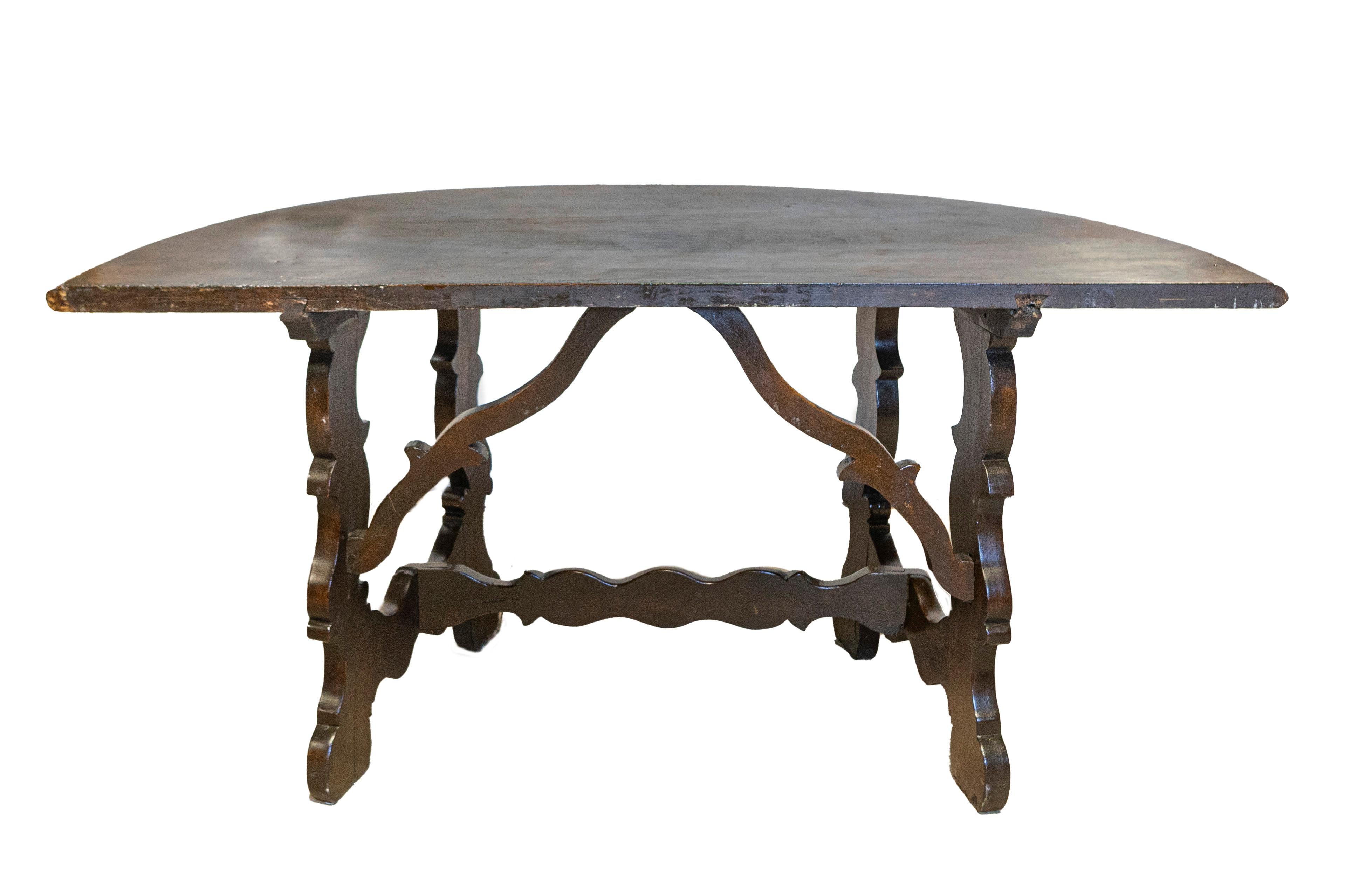 18th Century and Earlier Italian 18th Century  Walnut Baroque Fratino Console Table with Lyre Shaped Base For Sale