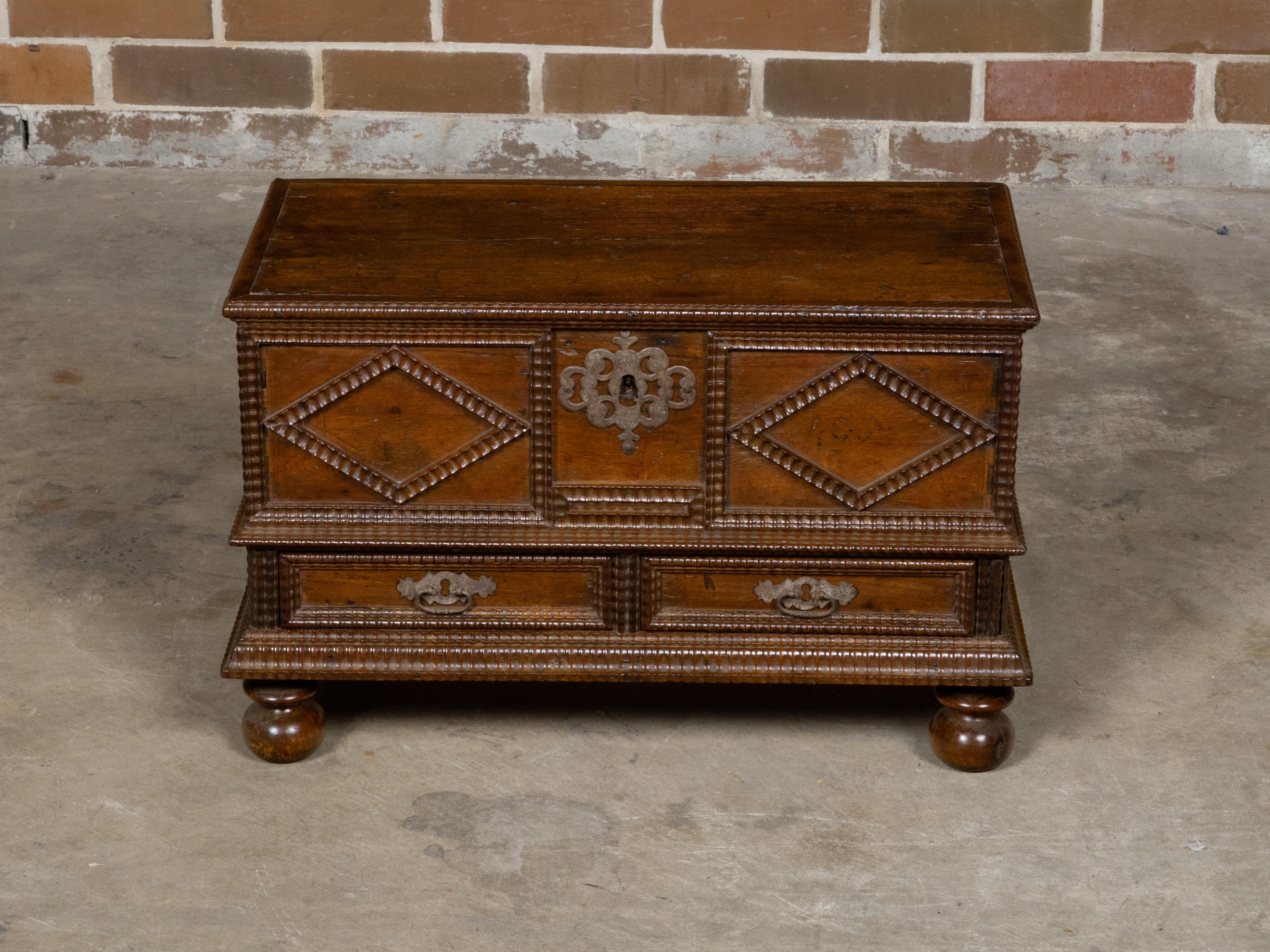 Italian 18th Century Walnut Coffer with Carved Diamond Motifs and Drawers In Good Condition For Sale In Atlanta, GA